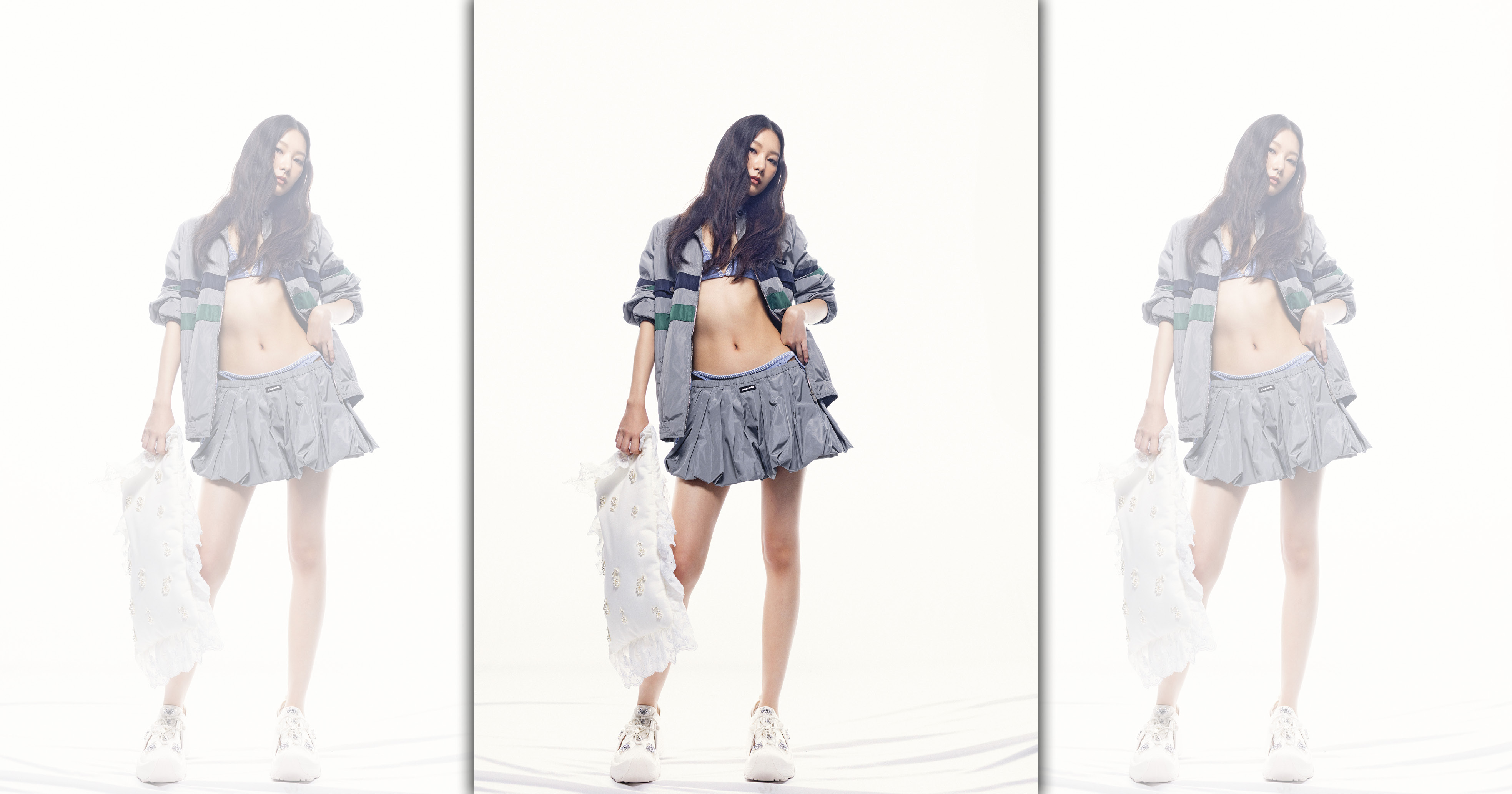 造型外套 價格店洽 by MIU MIU；綁帶造型比基尼 價格店洽 by MIU MIU；造型短裙 價格店洽 by MIU MIU；象牙白Simone Rocha × Crocs Trailbreak 2聯名鞋款 NT$6,980 by Simone Rocha；白色珍珠枕套造型手拿包 NT$26,500 by Simone Rocha。