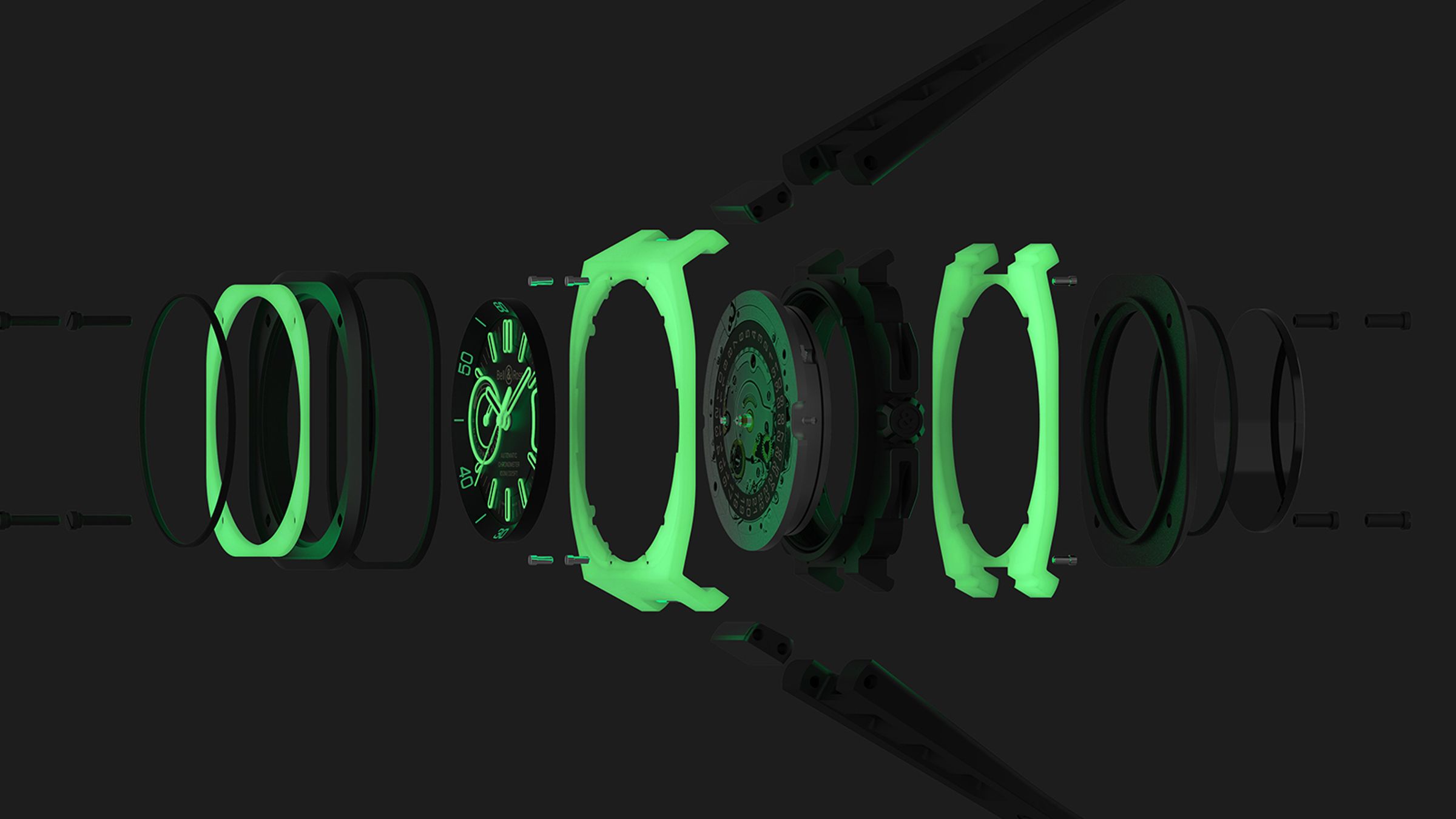 BR-X5 Green Lum利用錶殼的結構設計，做出LM3D夜光材質結合黑色DLC鈦金屬的錶殼結構，以大範圍夜光的視覺呈現，充分發揮了BR-X5的錶款特色。