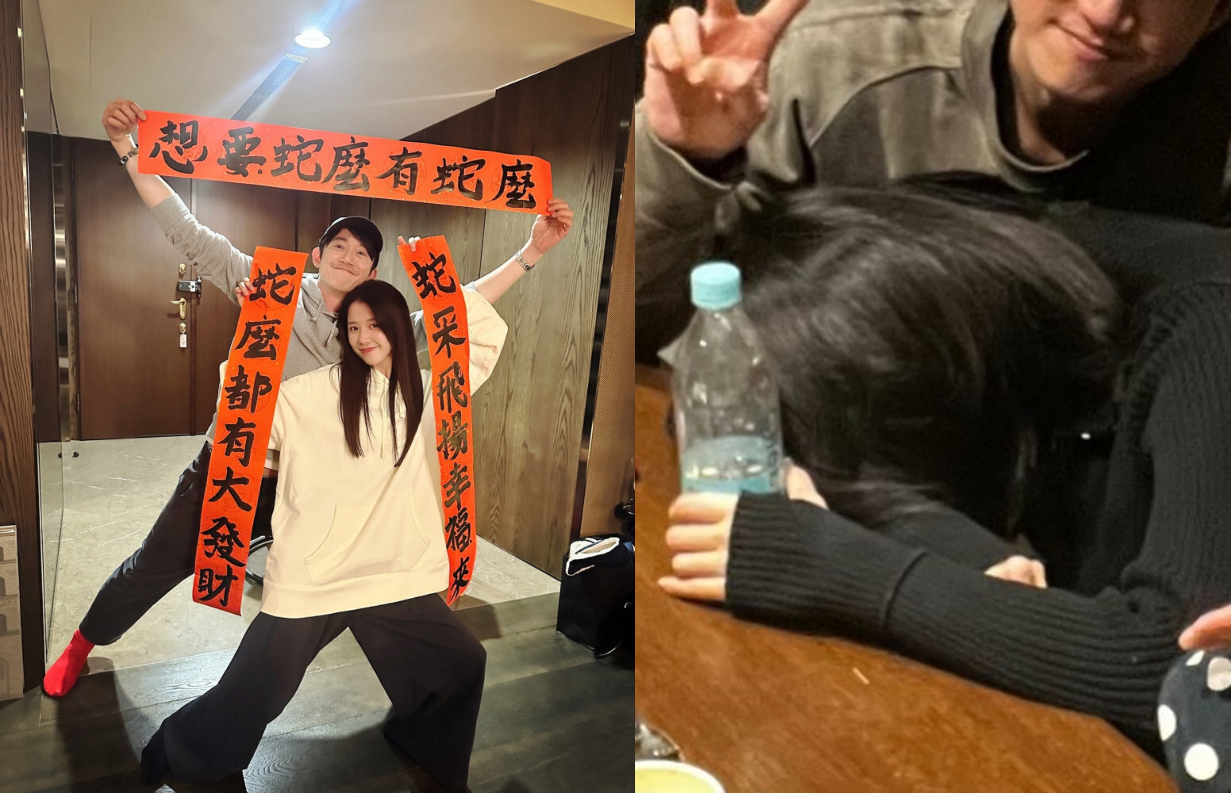 邵雨薇久違地在社群上貼出與沒露臉的吳慷仁合照（右）。（翻攝網路）