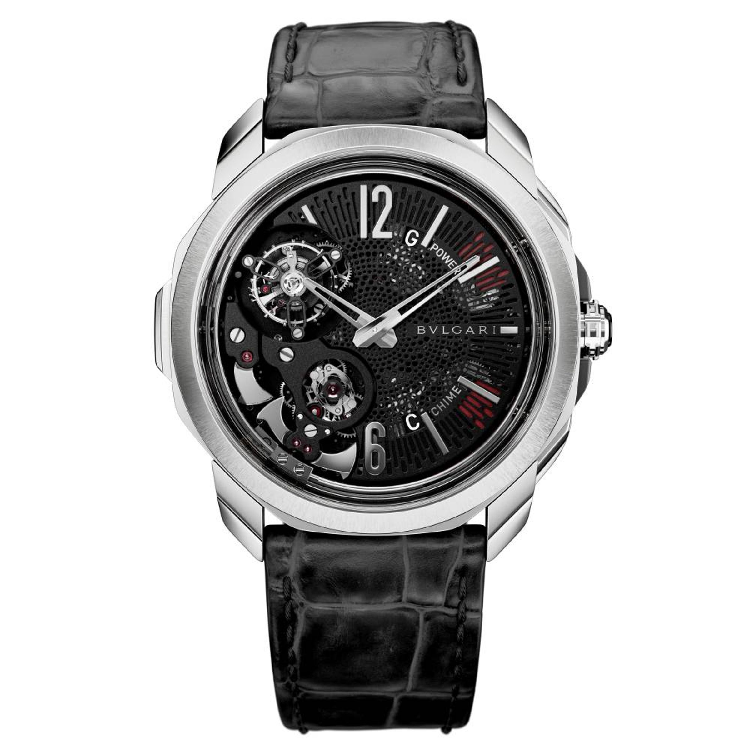 BVLGARI Octo Roma Grande Sonnerie Tourbillon 寶格麗發表全新「四鎚三問大小自鳴陀飛輪」，錶徑45mm，厚度11.85mm，是一款可以在日常生活中佩戴的大複雜功能，而且其報時聲音經特殊調校，演奏「三全音」音階，聽起來別有一番韻味。鈦金屬錶殼，防水30米。功能：時、分指示；三問、大小自鳴報時；陀飛輪結構 / 機芯：手動上鏈機芯 / 定價約100萬歐元。