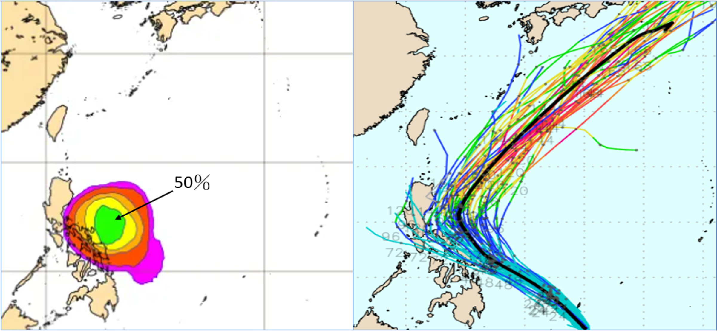 吳德榮說明,最新(22日20時)歐洲(ECMWF)系集模式模擬顯示,25日呂宋島東方海面,「輕颱生成機率」已達50%(左圖)。其未來一週動向(右圖)先朝西北逐漸接近呂宋島,再向東北大迴轉遠離。(右圖擷自weathernerds)
