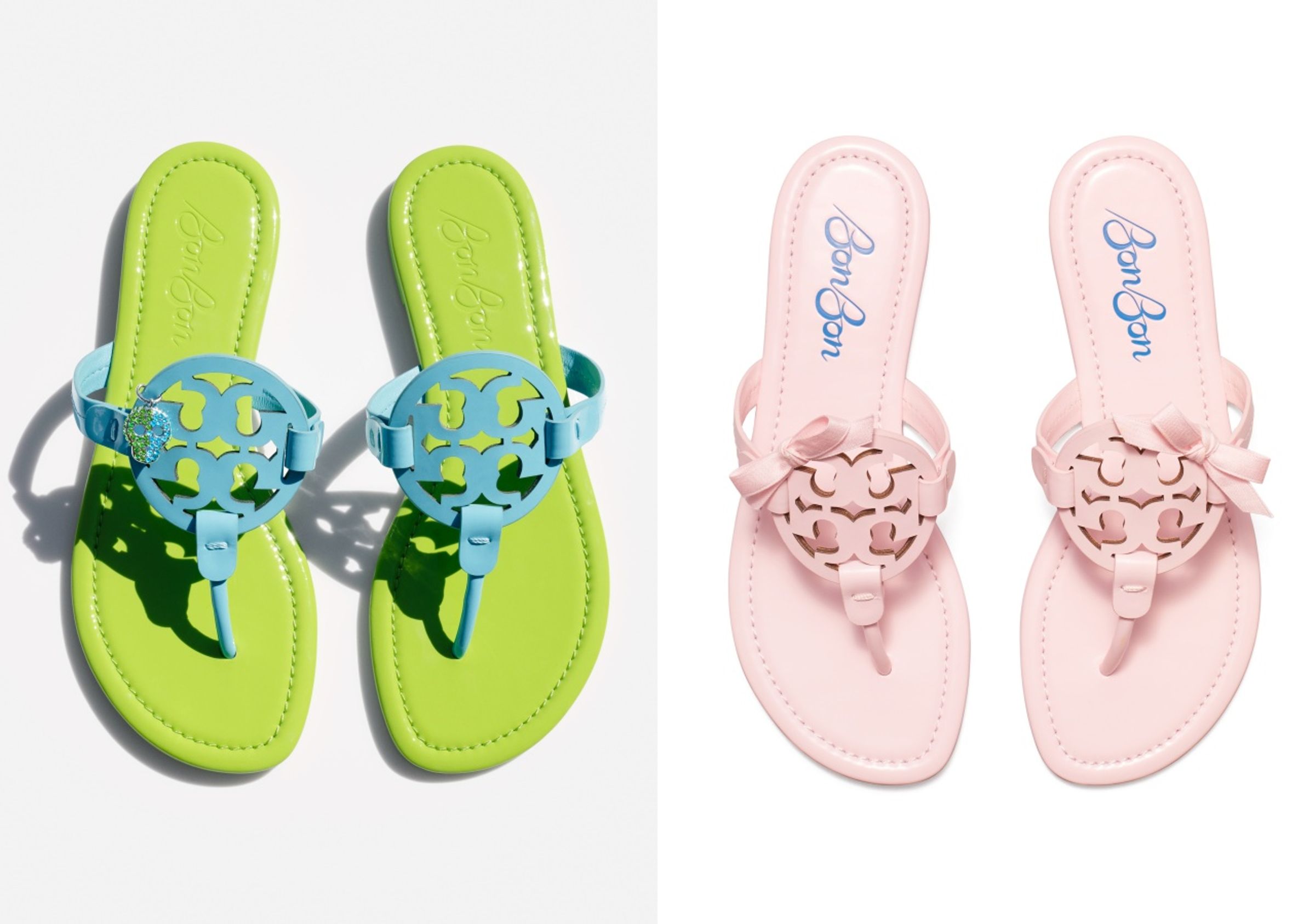 TORY BURCH x BonBon Miller系列。（左）漆皮涼鞋NT$9,590、（右）蝴蝶結涼鞋 NT$10,500（TORY BURCH提供）