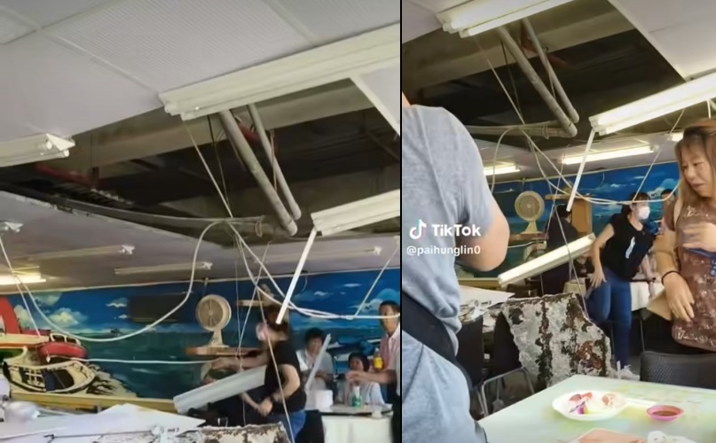 竹圍漁港餐廳突發天花板崩塌，所幸無人受傷。然而現場驚魂未定，老闆霸氣大喊「今天免單！」（翻攝自臉書 @桃園大小事）