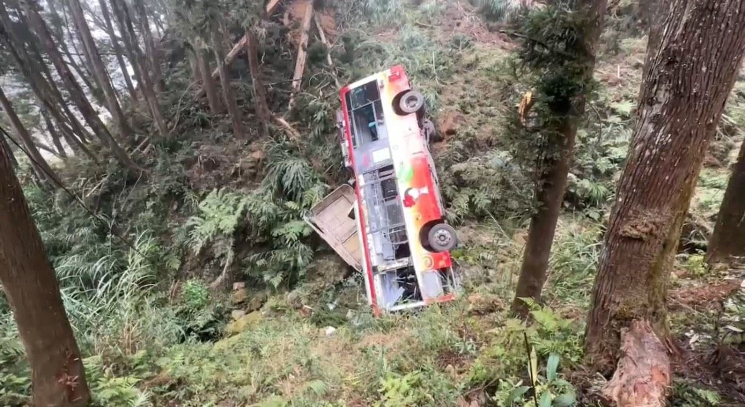 南投縣竹山鎮杉林溪自然園區今(9日)中午12時15分發生遊園車墜谷事故。(翻攝畫面)