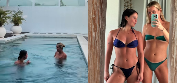 澳洲一對好閨密，日前到峇里島度假全裸跳進泳池，卻被一名陌生男子嚇傻。（翻攝自TikTok@karina_horton9、The Sun）