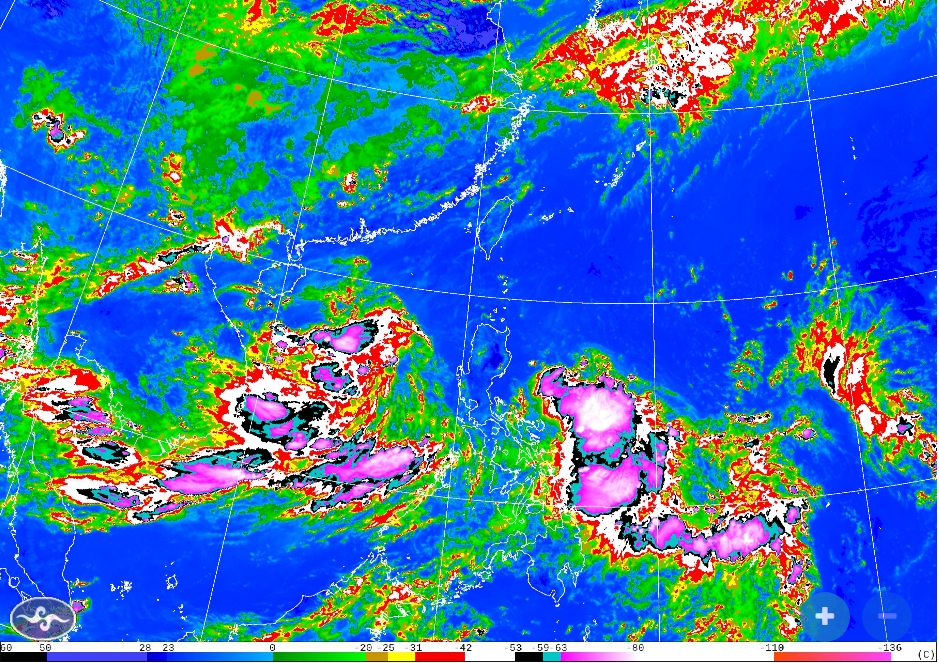 南海和菲律賓東方外海有熱帶擾動持續發展，今年第1號颱風「蝴蝶」近日可能將生成。（中央氣象署提供）