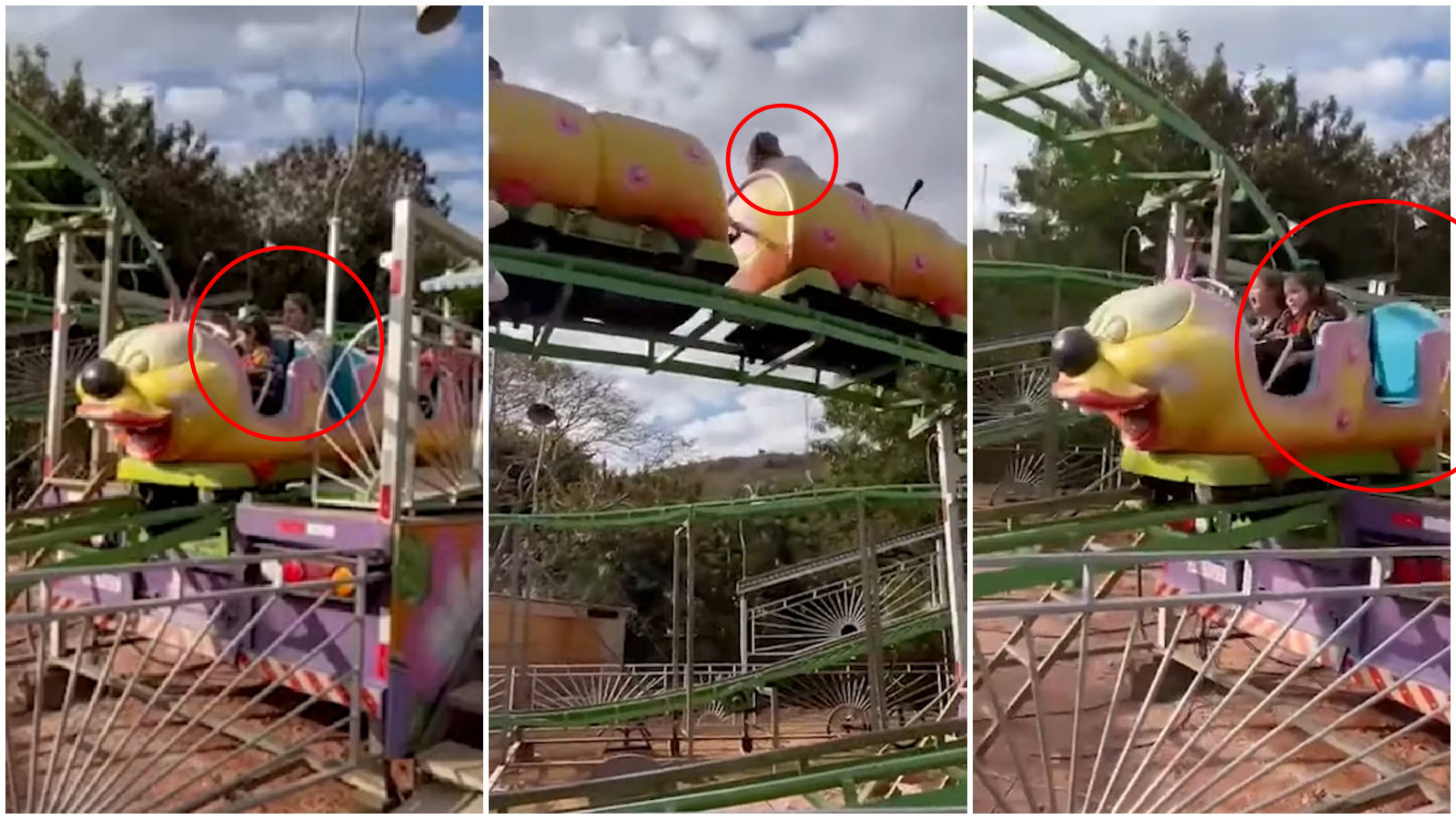 巴西女被甩飛，消失於雲霄飛車座位上。（翻攝YT@UOL）
