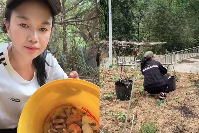 小微以農婦形象重新出發，過著挑糞、種菜的田園生活。（翻攝自貴州小微抖音）