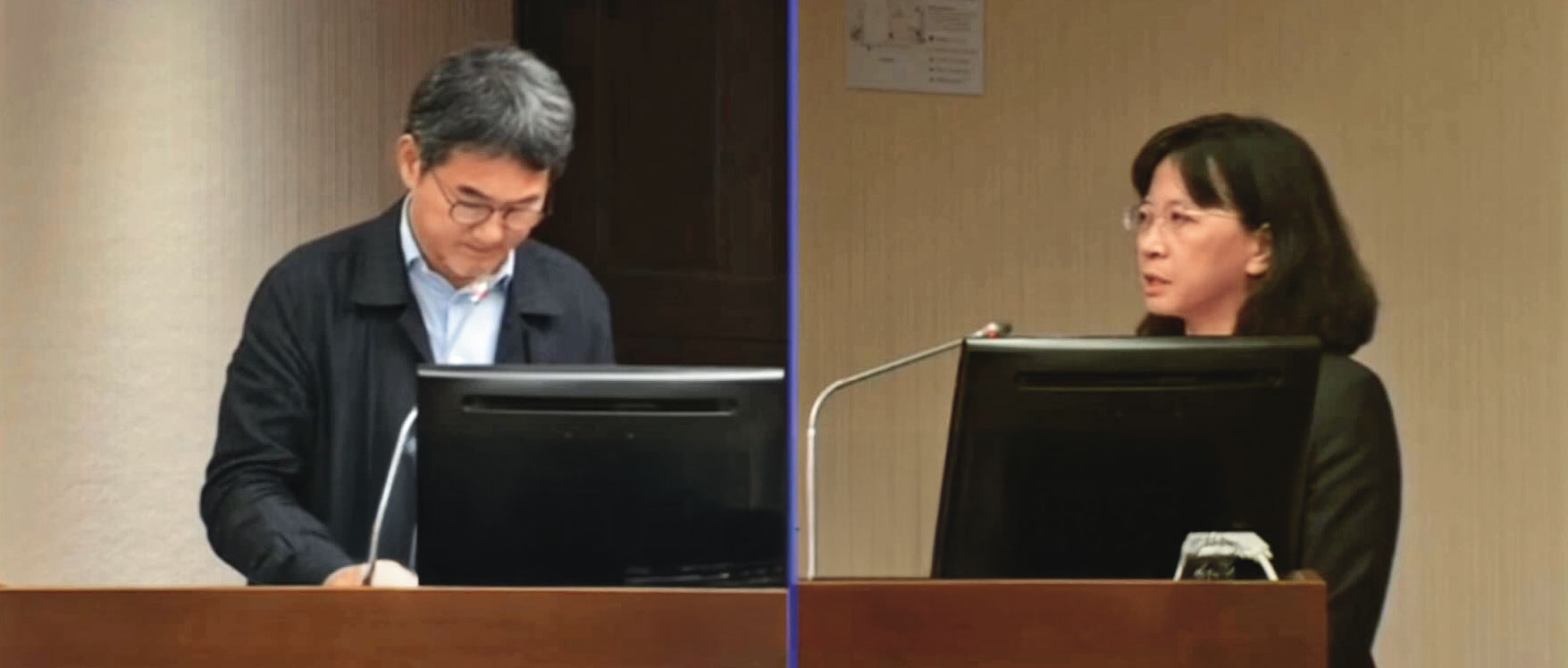 民航局長何淑萍（右）於質詢後重申「空服員與飛安息息相關」。（翻攝畫面）