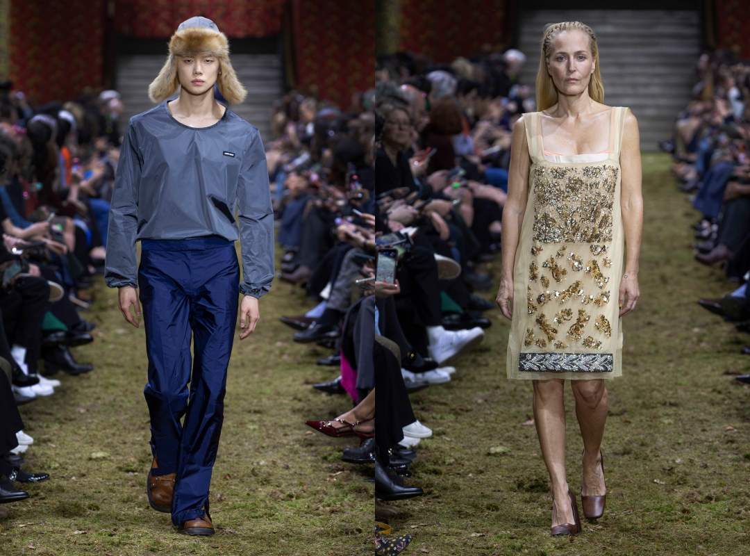 （左起） TXT成員 Yeonjun（然竣）與好萊塢演員 Gillian Anderson為Miu Miu登台走秀。（Miu Miu提供）