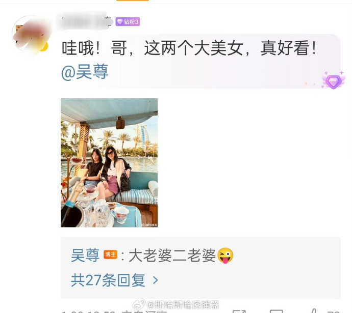 吳尊留言稱女兒是「二老婆」。(翻攝吳尊微博)