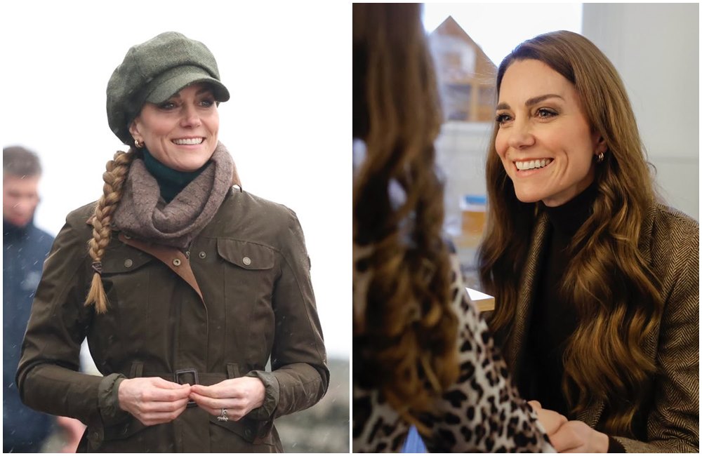 凱特王妃27日在不同行程中變換造型，罕見綁起辮子頭亮相。（翻攝princeandprincessofwales
IG、X@tokkianami）