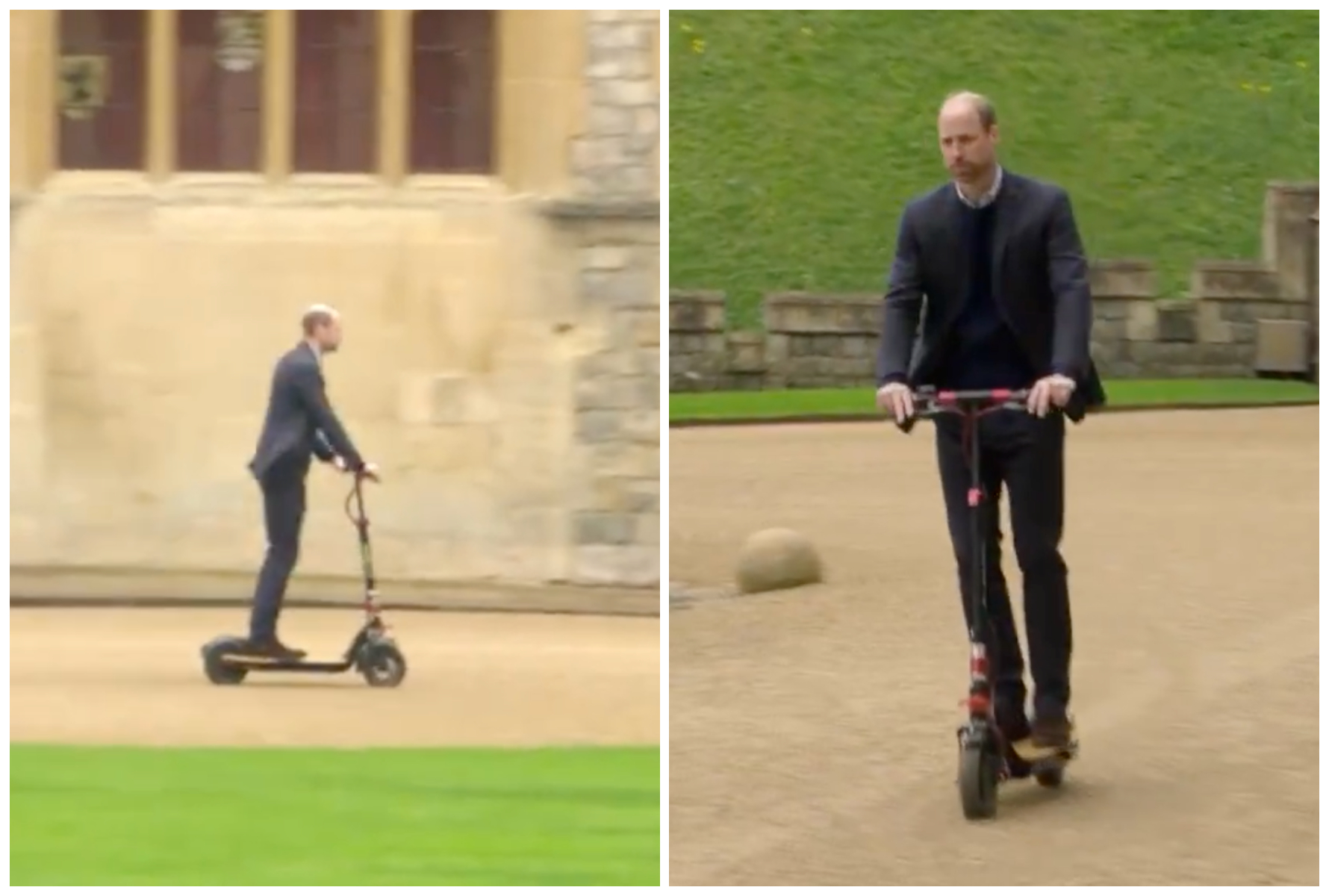 威廉王子騎滑板車登場。（翻攝影片畫面）