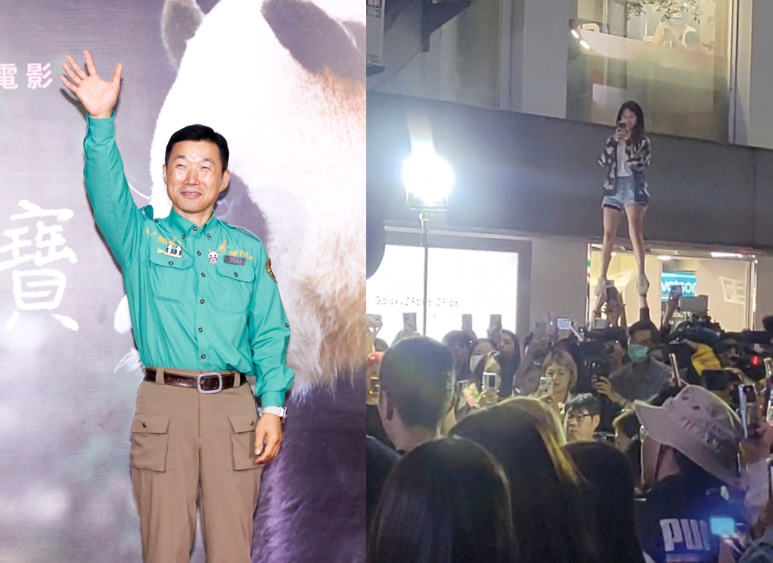貓熊福寶的飼養員姜哲遠今（11日）在樂聲戲院與粉絲相見歡，女粉絲為了看到姜爺爺竟使出啦啦隊特技。