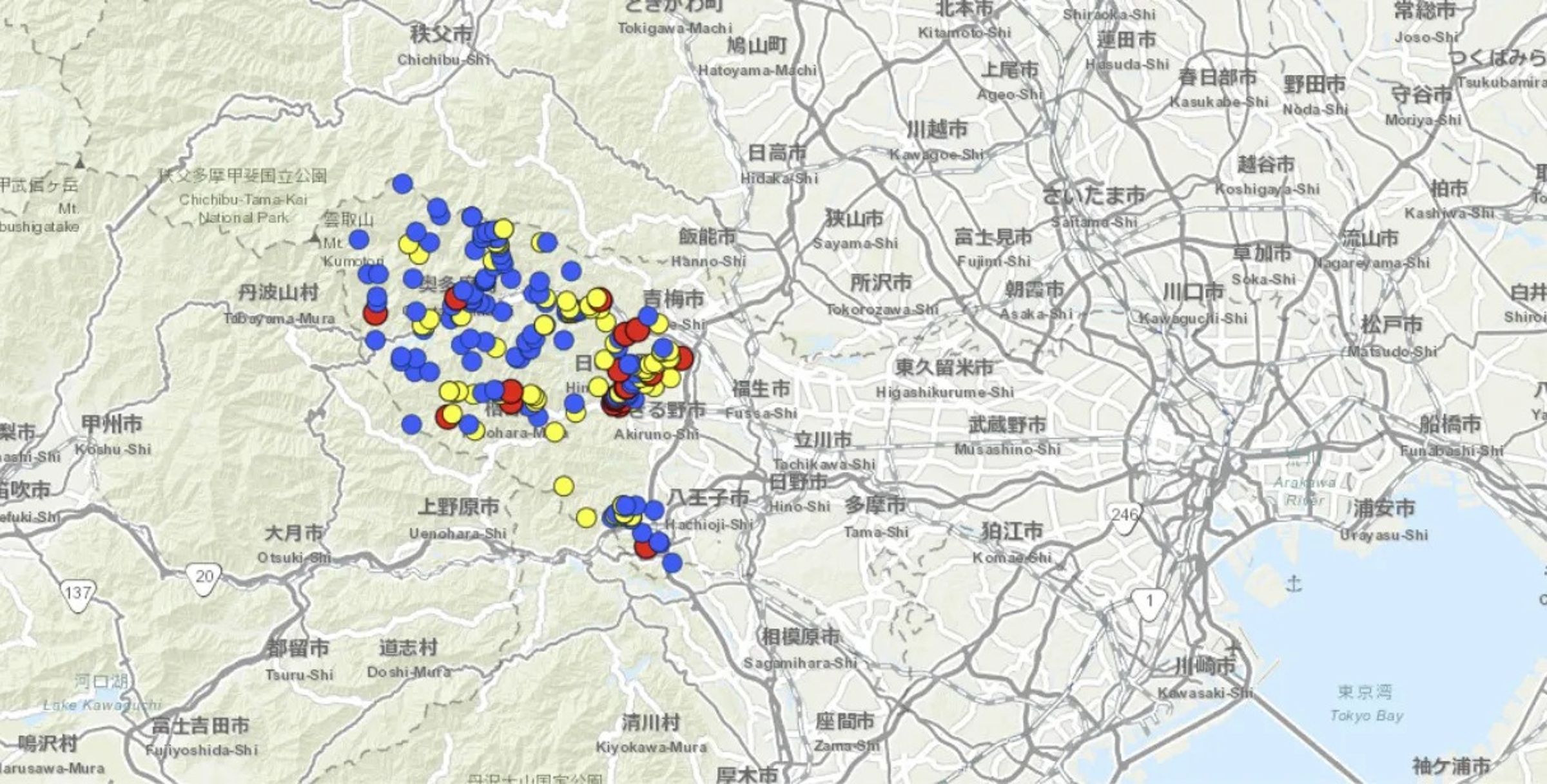 據最新東京都官網地圖顯示,熊的活動範圍已經擴大到多摩丘陵,甚至接近市區。(翻攝自東京都官網)
