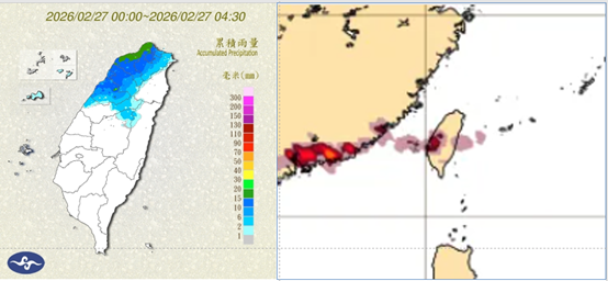 左圖:今晨4時30分累積雨量圖顯示,中部以北明顯降雨。右圖:最新歐洲模式、3月3日2時閃電模擬圖顯示,中部附近有閃電(春雷)發生。對流胞的準確模擬,對任何模式而言皆不容易,僅可視為機率是存在的。(翻攝自氣象應用推廣基金會)