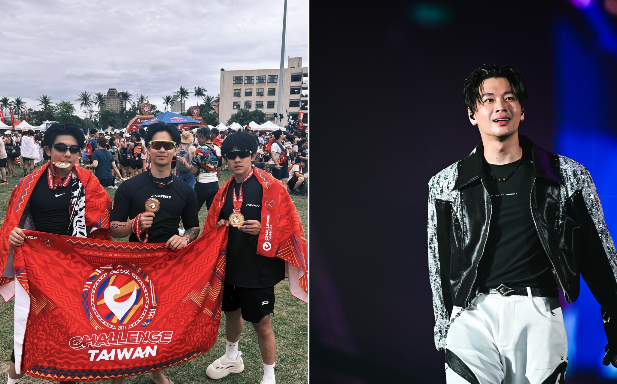 總在台上揮灑表演魅力的高爾宣（左中），新日與好友一起參加三鐵賽。（翻攝自高爾宣IG)