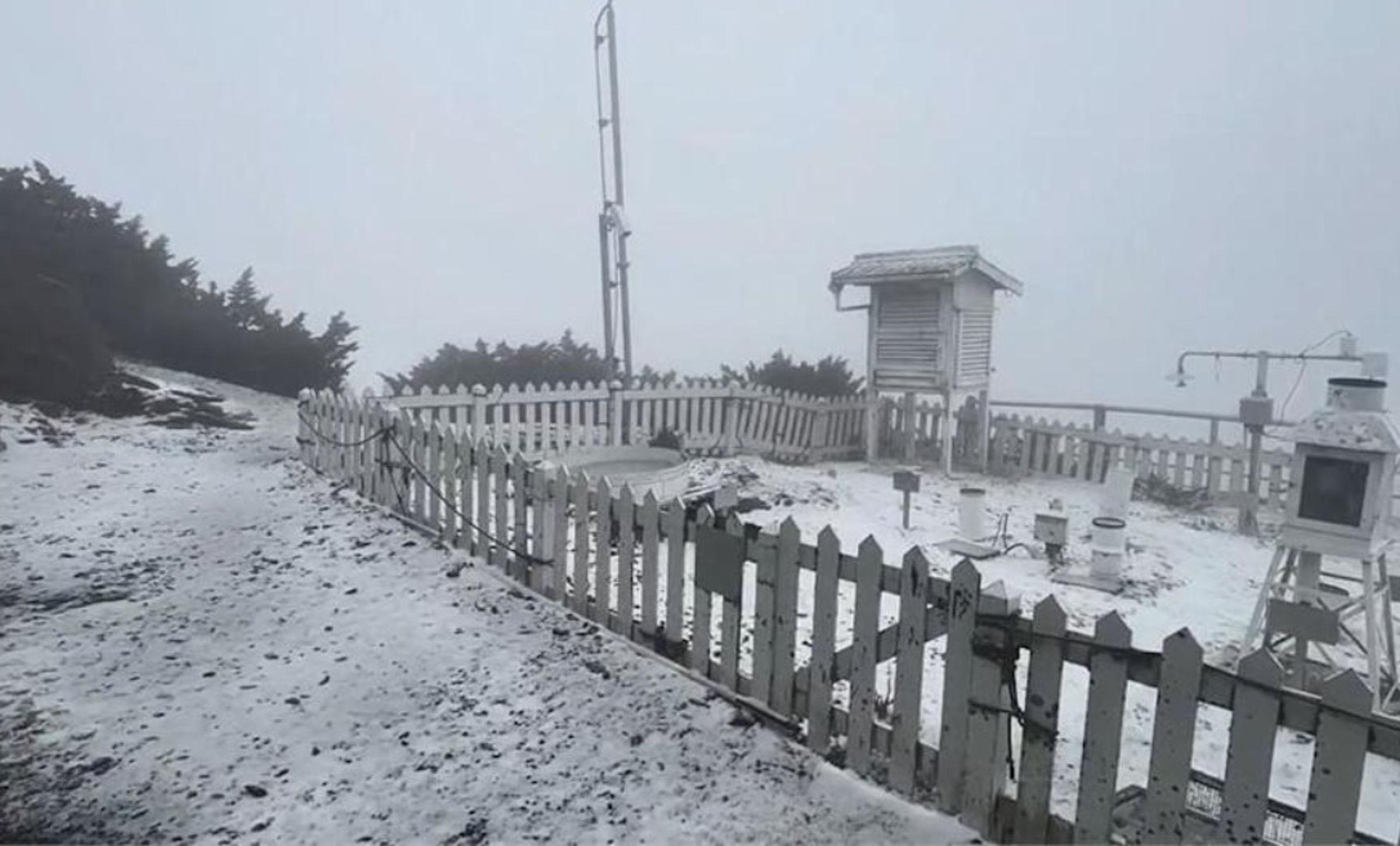 玉山今日中午降雪,氣象站一片銀白。(氣象署提供)