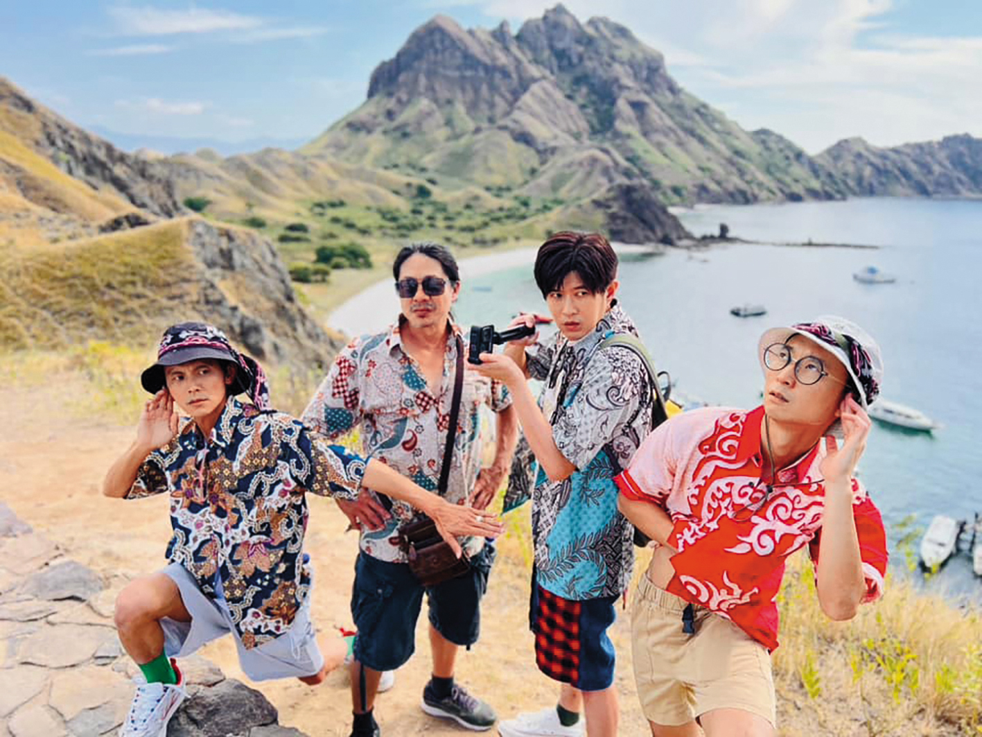 浩子（右起）、顏永烈、乱彈阿翔與阿翔日前為了《鬧著玩》到峇里島出外景。（翻攝自顏永烈臉書）