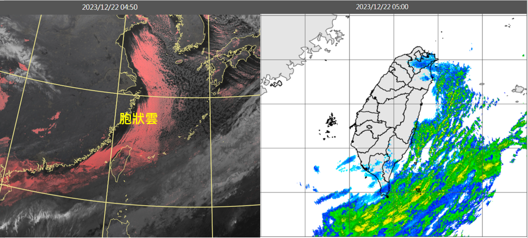 今晨4時50分真實色雲圖顯示,寒流激發的「胞狀雲」一路從黃海延伸至台灣北部海面,北台灣仍有低層雲(左圖)。5時雷達回波合成圖顯示,北台灣有弱降水回波(右圖)。(翻攝自三立準氣象.老大洩天機)
