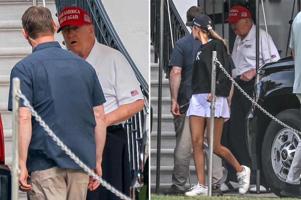 川普現身去打高爾夫，孫女凱伊也緊隨其旁。（翻攝紐約郵報X）