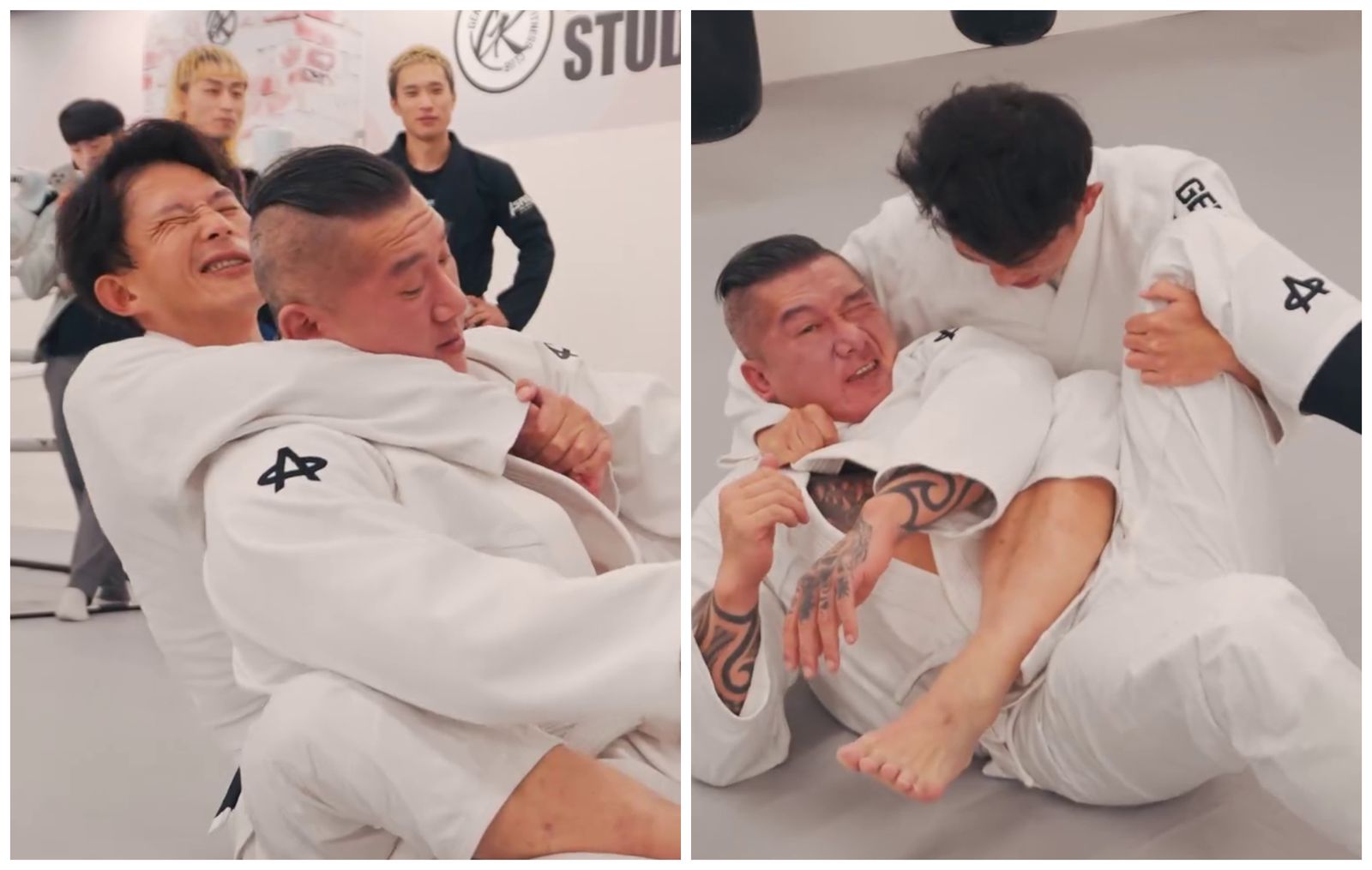 館長和黃國昌練習巴西柔術，兩人扭打在一起。（翻攝飆捍臉書）
