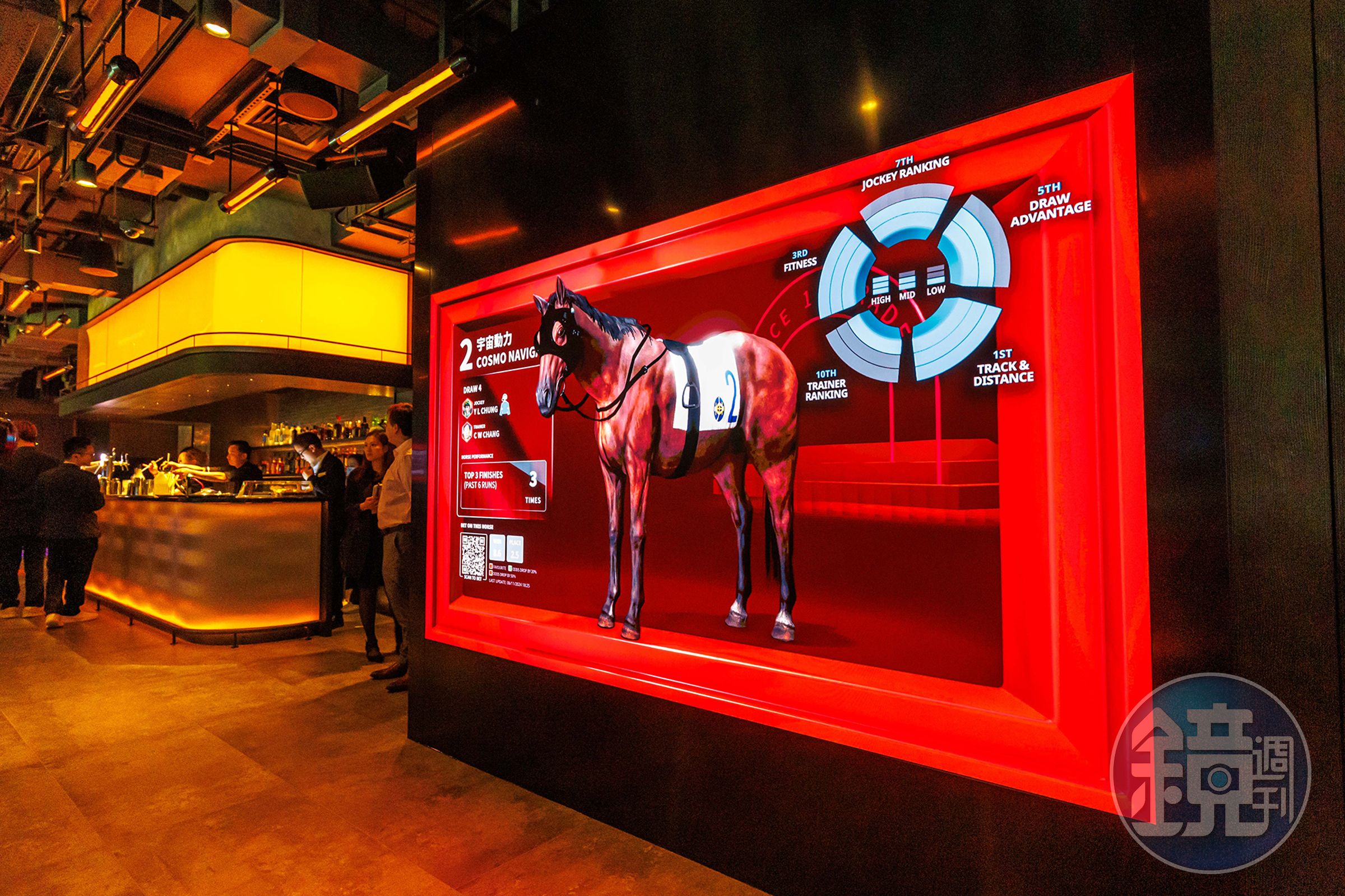 The Beat內設有一面大型LED幕牆,展示一個嶄新數位馬匹亮相圈所帶來的簡易及遊戲化資訊。(香港賽馬會提供)