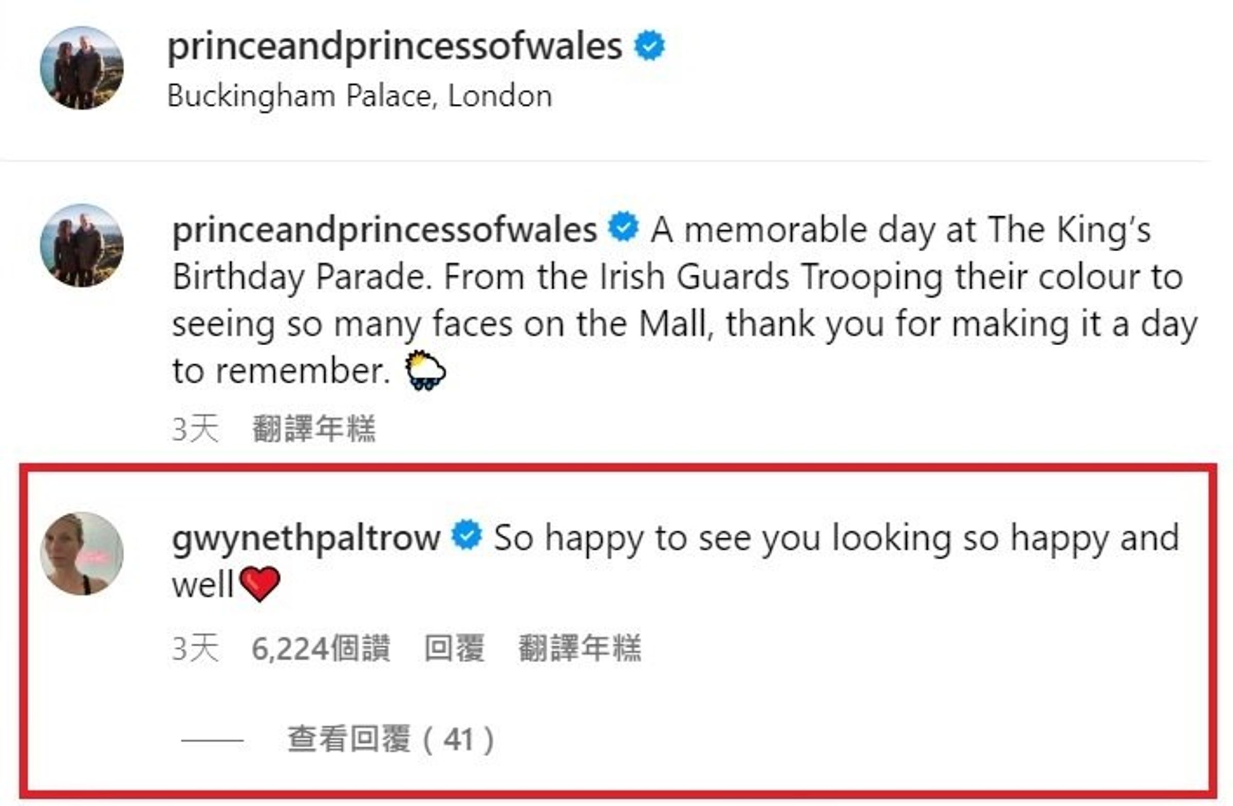 葛妮絲派特洛留言,吸引6千人點讚。(翻攝princeandprincessofwales IG)