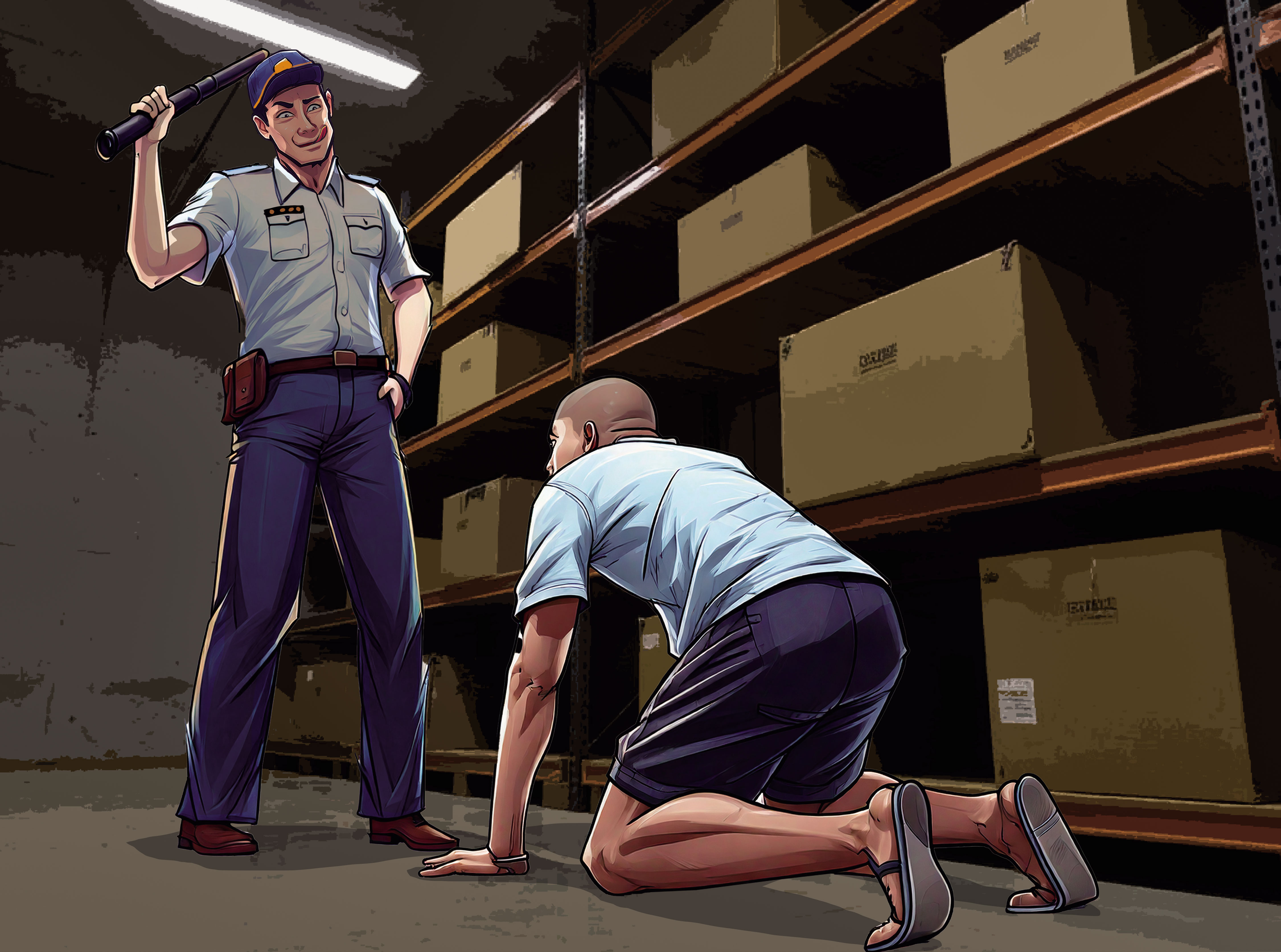 高雄監獄管理員（左）逼受刑人（右）口交，檢方調查後，起訴管理員。（示意畫面，AI繪圖Adobe Firefly生成，本刊美術組後製）