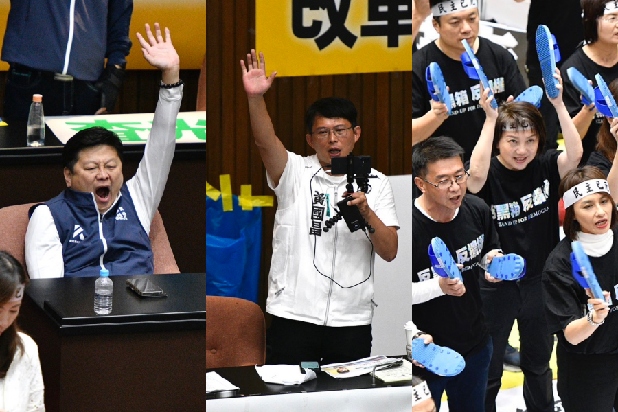 立院今繼續上演表決大戰，下午綠委們一度高舉藍白拖抗議（右圖），左起為國民黨總召傅崐萁、民眾黨總召黃國昌。