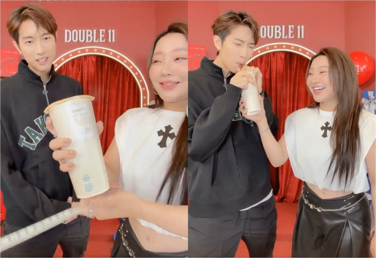 范姜彥豐上天后闆妹的直播，期間被請喝「小王秘蜜粿果綠」，引發社群熱議。（翻攝自天后闆妹臉書直播）