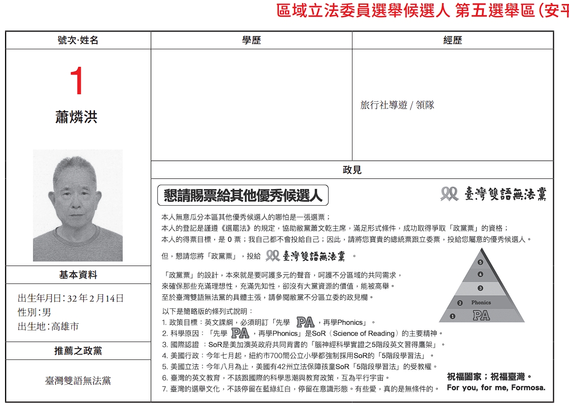 「臺灣雙語無法黨」的提名人選政見全部都一樣。（翻攝自選舉公報）