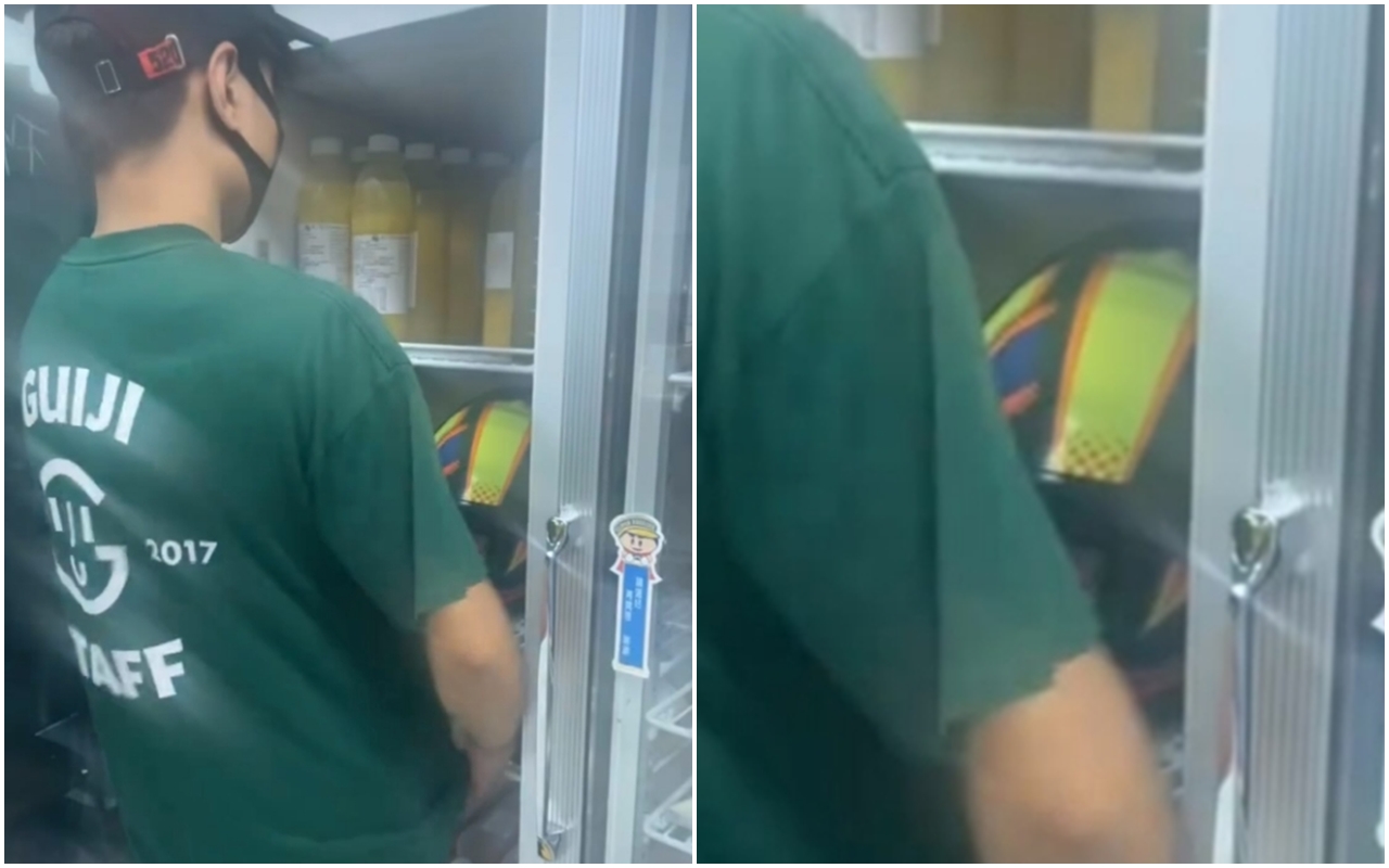 有消費者爆料，桃園八德「龜記茗品」有員工竟把安全帽放在冰箱。（翻攝自threads）