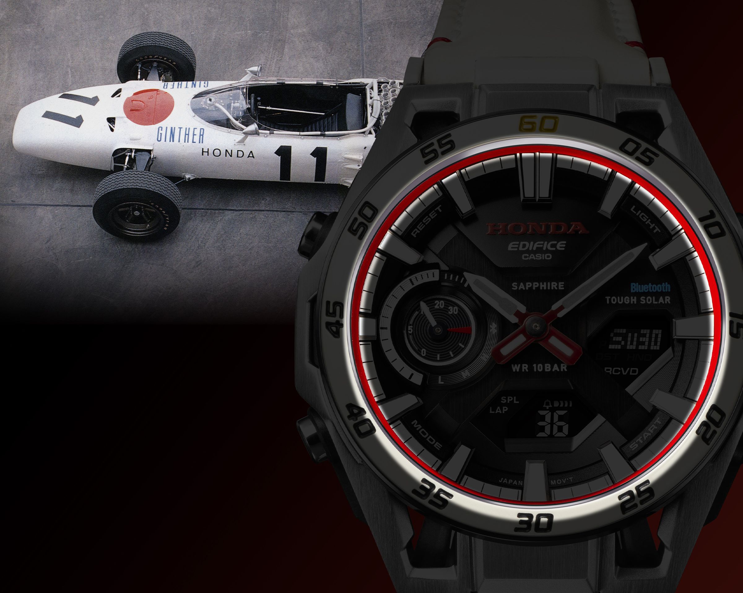 錶盤外緣的紅色圓圈與白色的外觀形成強烈對比，也呼應RA272車身上塗繪的日之丸圖案。