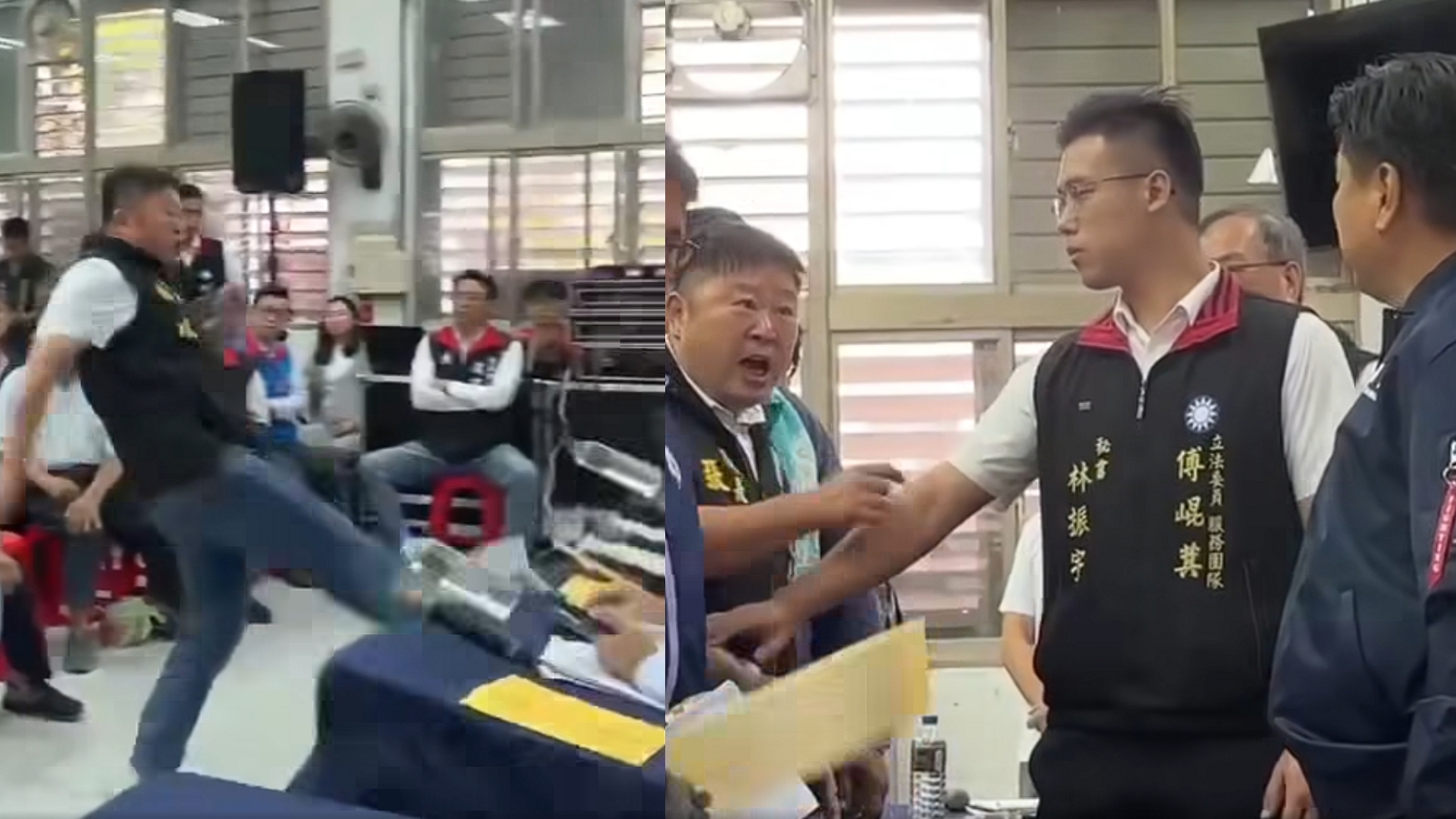 張峻朝傅崐萁的桌子猛力一踹，兩大地方勢力正面對決，場面一度火爆。（翻攝自臉書）