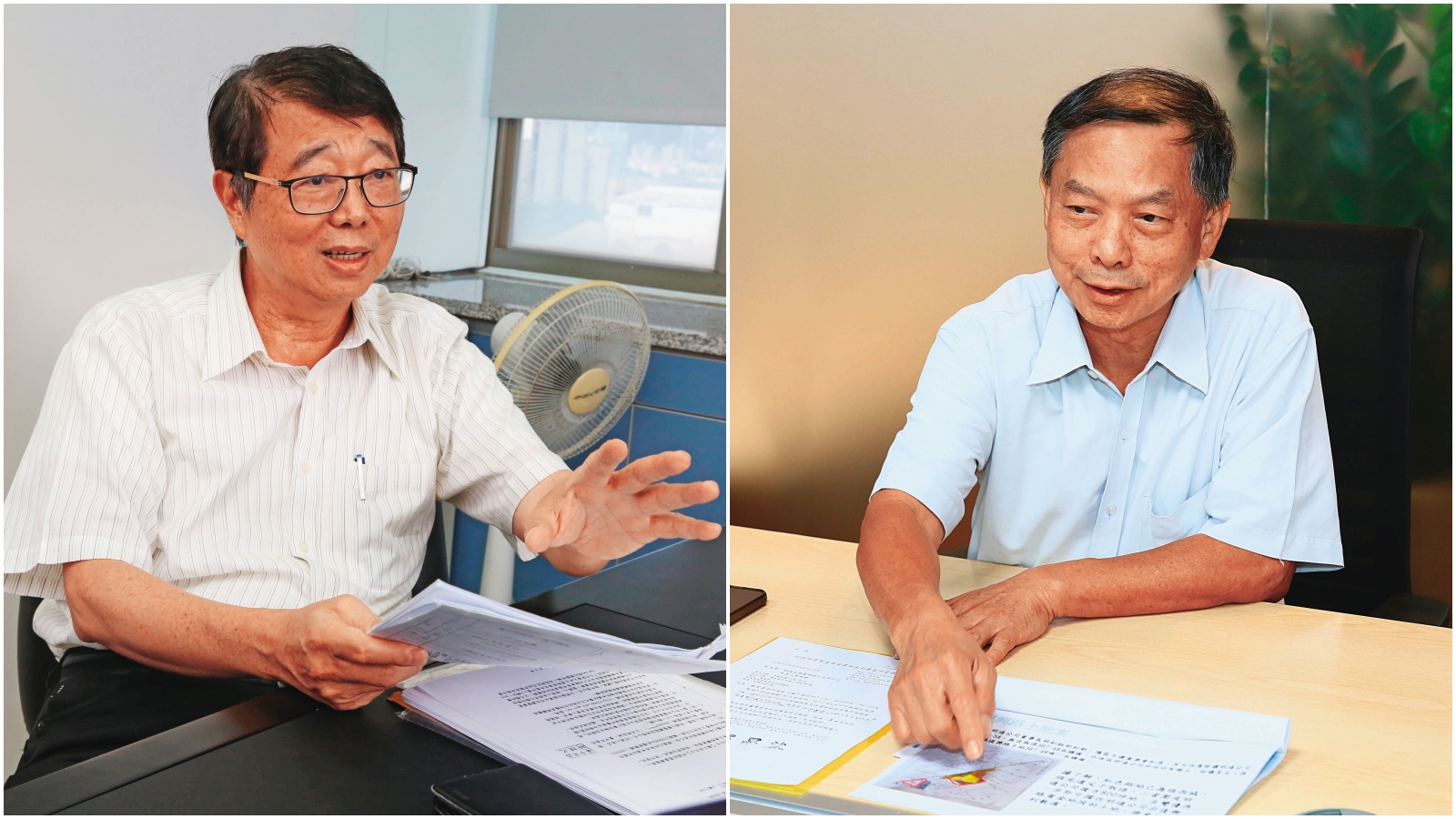 明通製藥前董事長張光道（左）拉攏部分股東，日前召開臨時股東會重新奪回經營權；明通創辦人二房次子張光明（右）出面受訪，怒控8月9日改選結果無效。