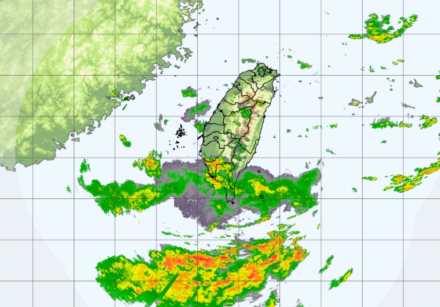 今日受西南氣流及第8號颱風「竹節草」外圍環流影響，易有短延時強降雨，中南部地區有陣雨或雷雨並有大雨或局部豪雨。（翻攝自中央氣象署官網）