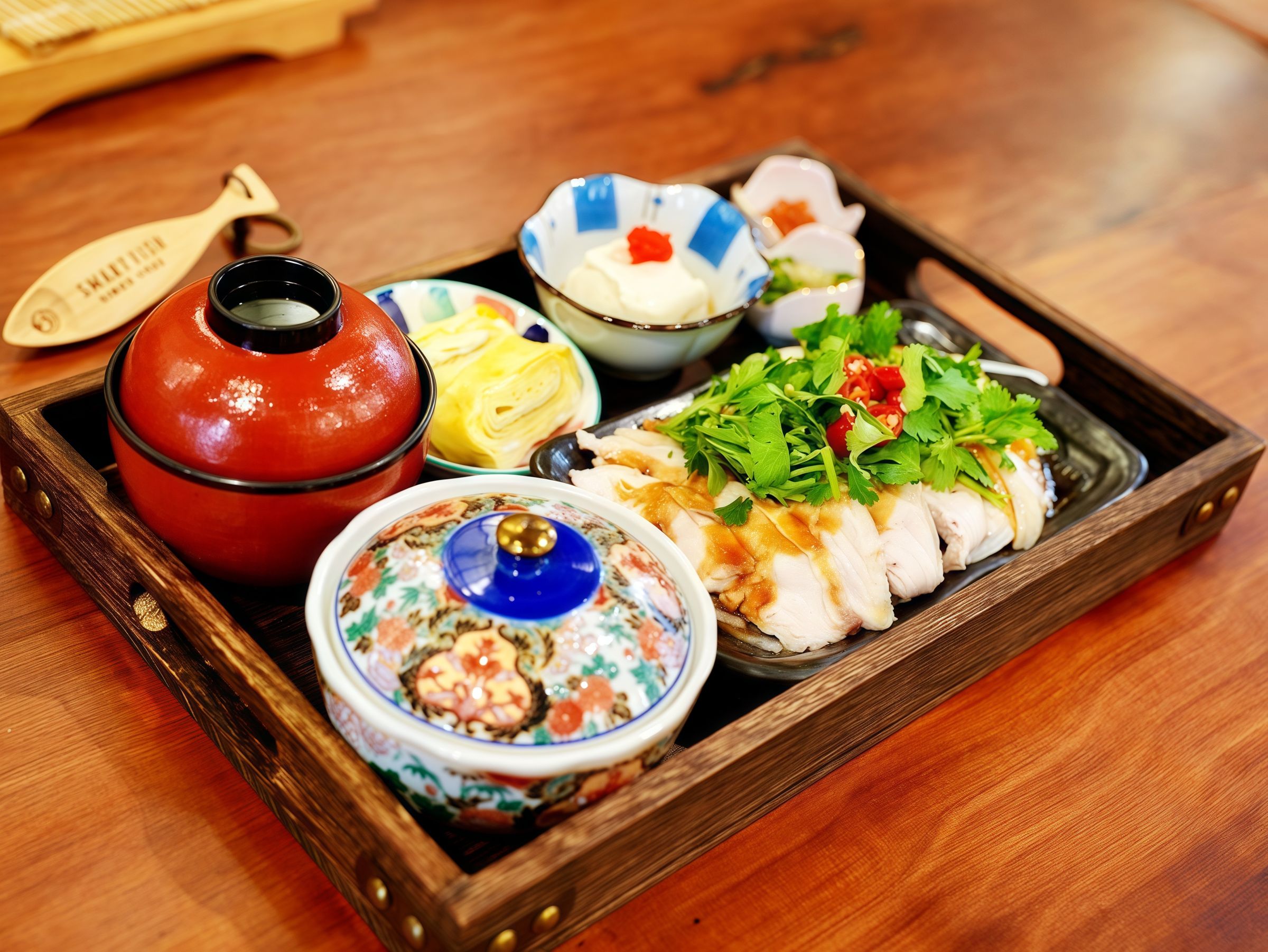 「花樂食堂」出品的「芫荽仿土雞肉定食」頗具日式風情。（林聰明沙鍋魚頭提供）