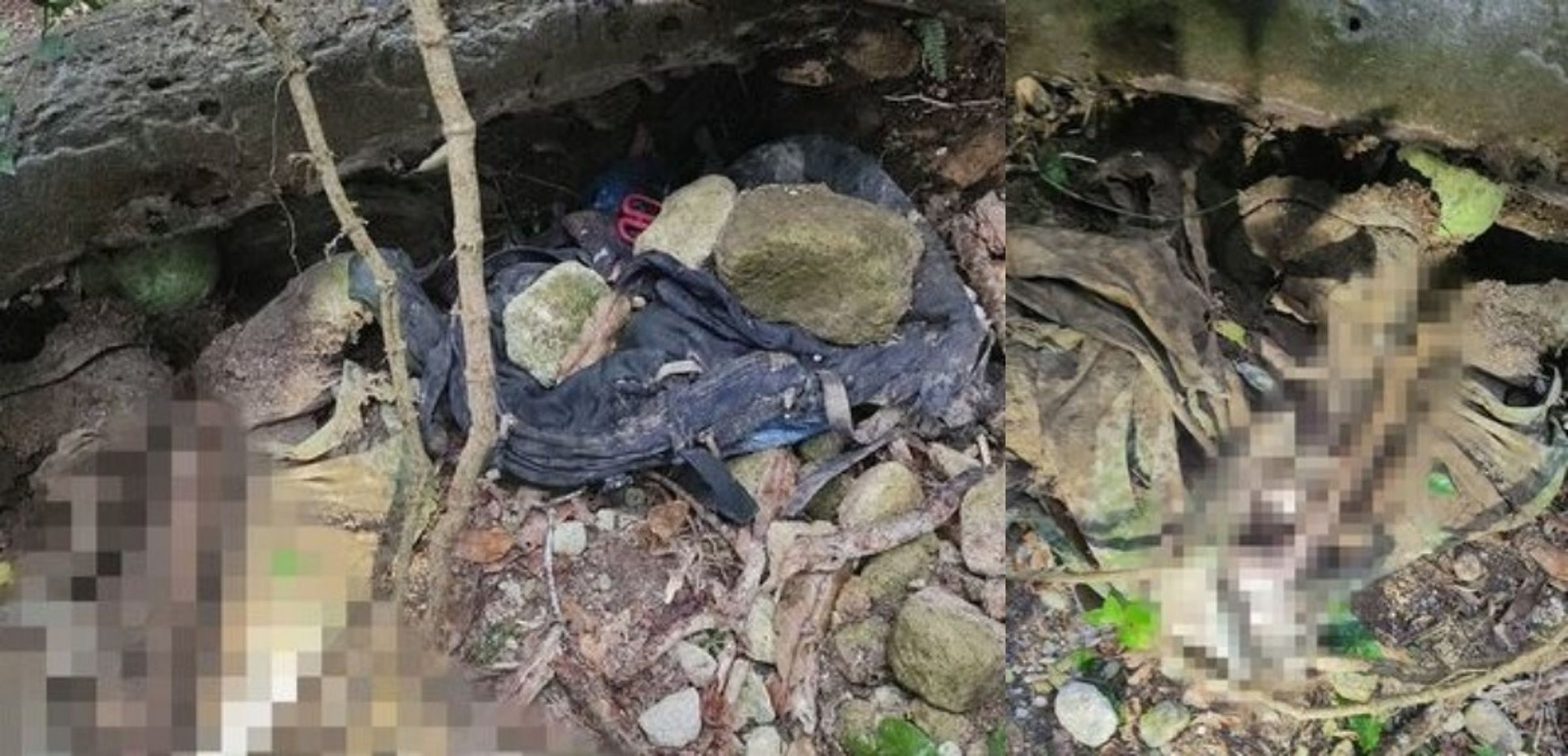 地質人員於金山八煙步道發現背包與骨骸。(翻攝畫面)
