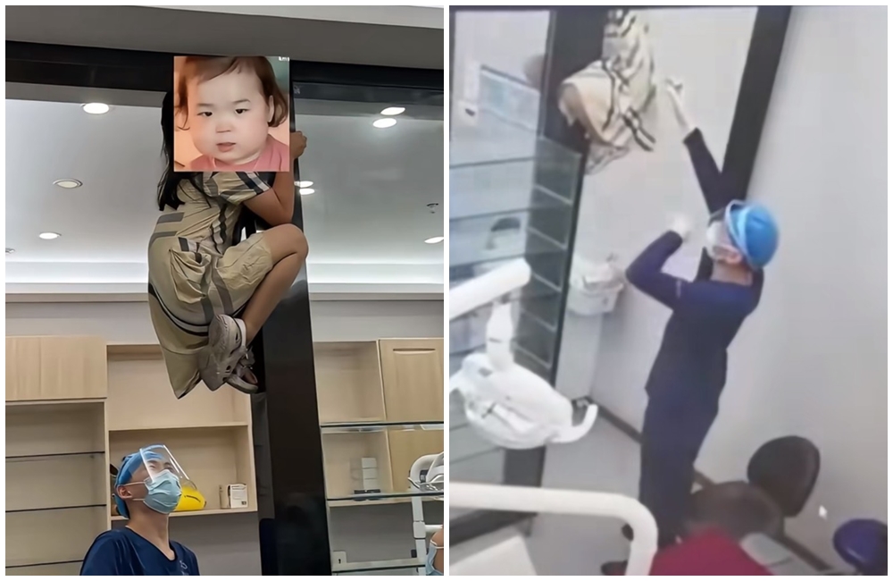 一名中國江蘇的小女孩，因為害怕牙齒治療而躲到門框上去。（翻攝自小紅書）