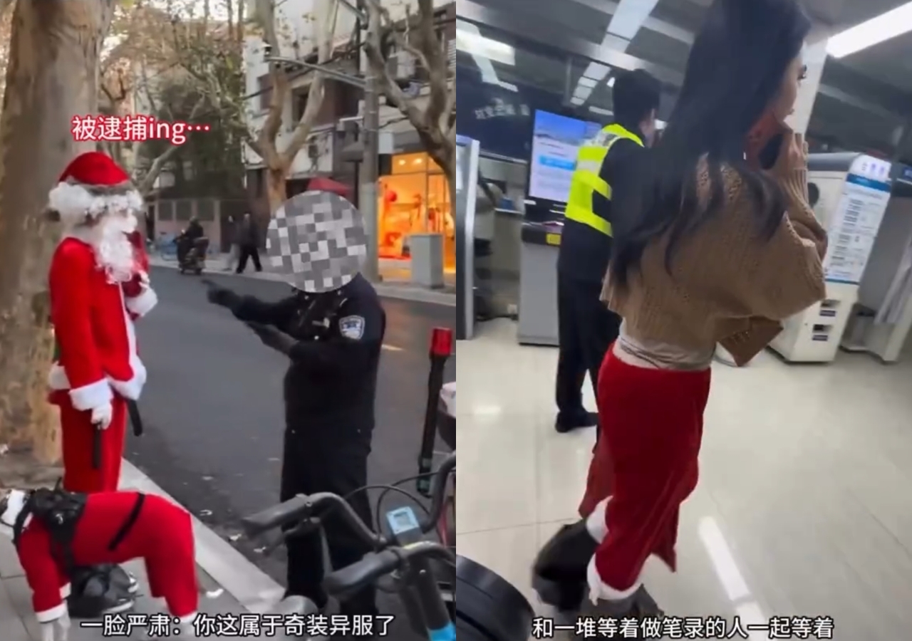 有位中國女性網友在平安夜當天，於上海街頭裝扮成耶誕老公公，結果被帶回警局作筆錄。（翻攝自X平台）