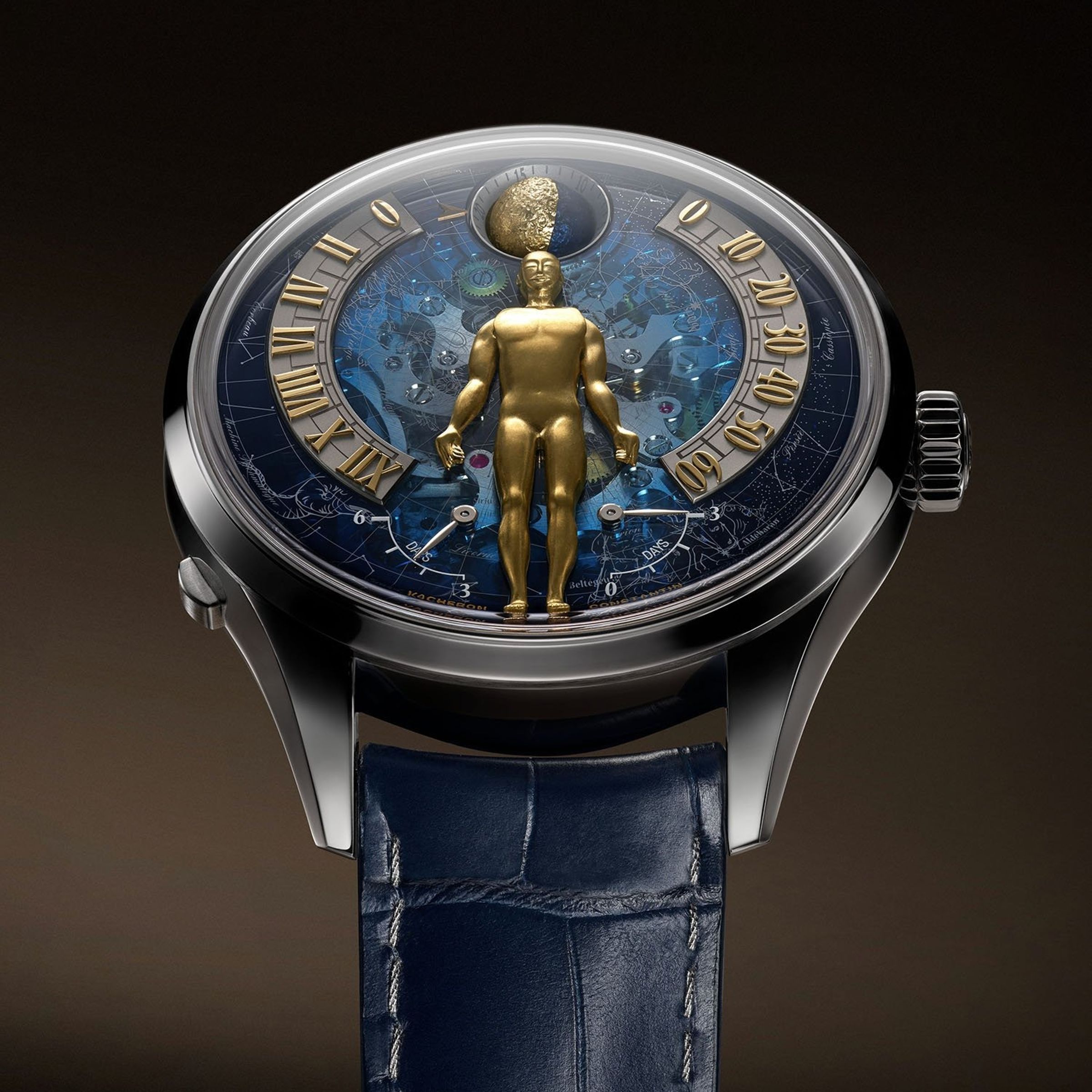 Tribute to the Quest of Time腕錶承襲1930年Bras en l’Air懷錶設計,結合逆跳機制與星象顯示,並以「天文學家」人偶呼應天文鐘主題,展現江詩丹頓在複雜製錶領域的深厚造詣。