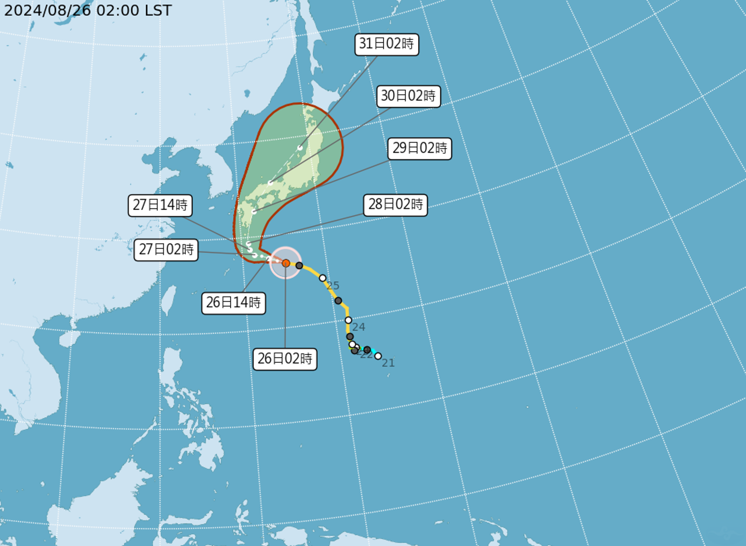 珊珊颱風大迴轉，可能將2、3次登陸日本。（中央氣象署提供）