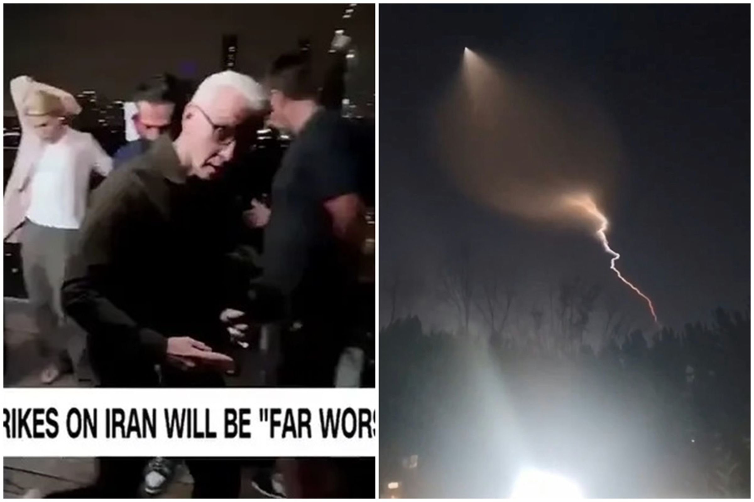 CNN型男當家主播安德森庫柏(Anderson Cooper)在以色列特拉維夫市(Tel Aviv)直播報導時,突遇空襲警報響起,全員急逃命。(翻攝自X@OSINTWarfare、YT)