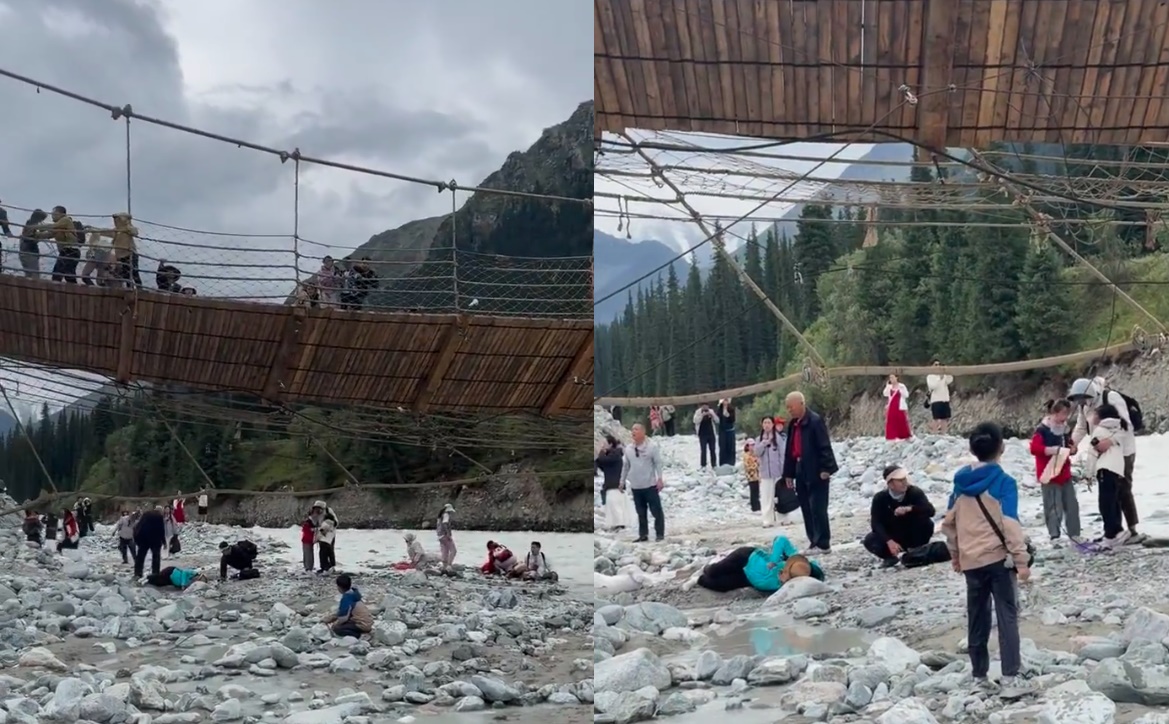 新疆網紅吊橋突然斷繩，釀成5死24傷。（翻攝自微博）