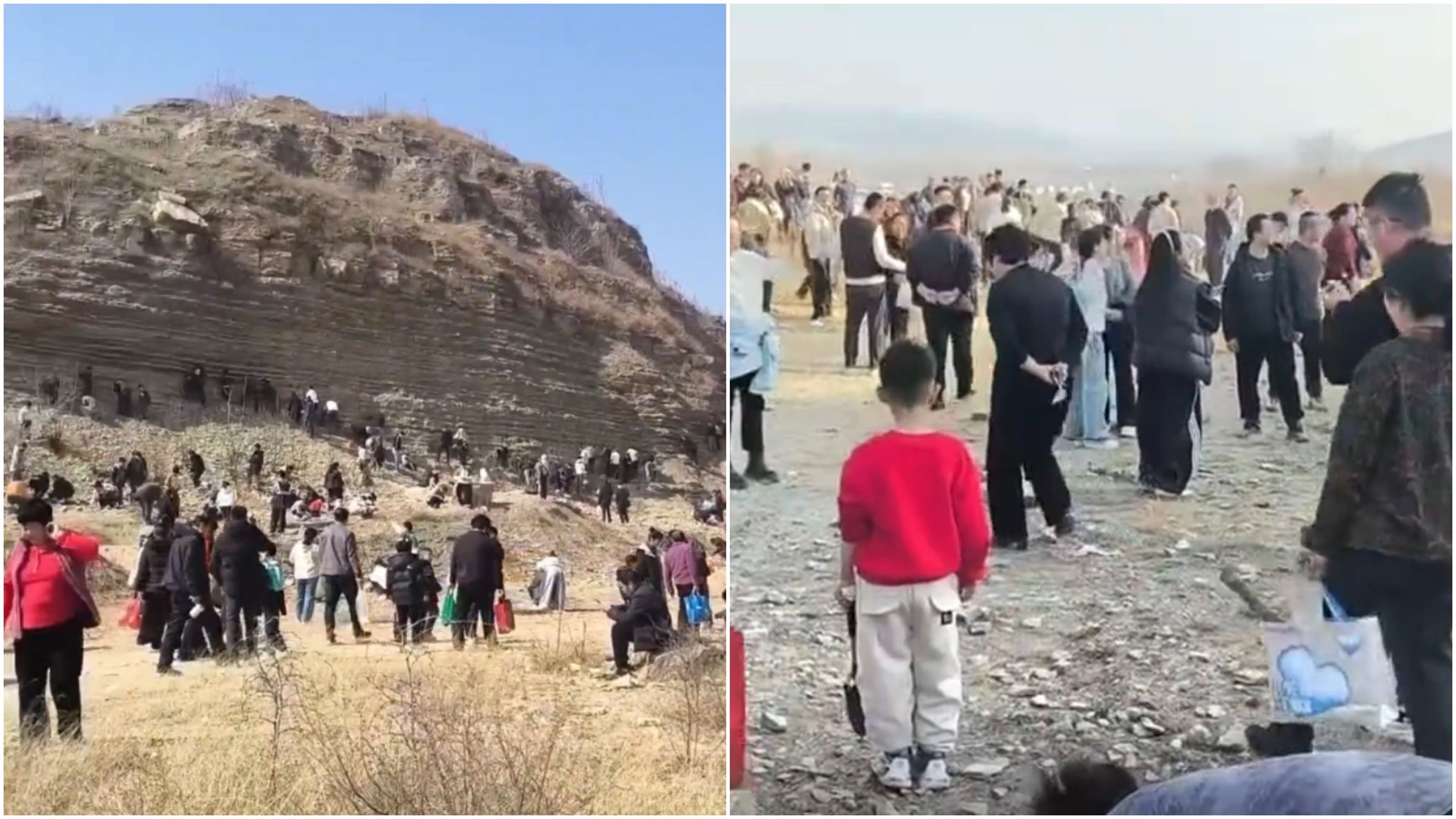 得知中國山東某座小山發現三葉蟲化石,大批民眾跑去「考古尋寶」。(翻攝抖音)