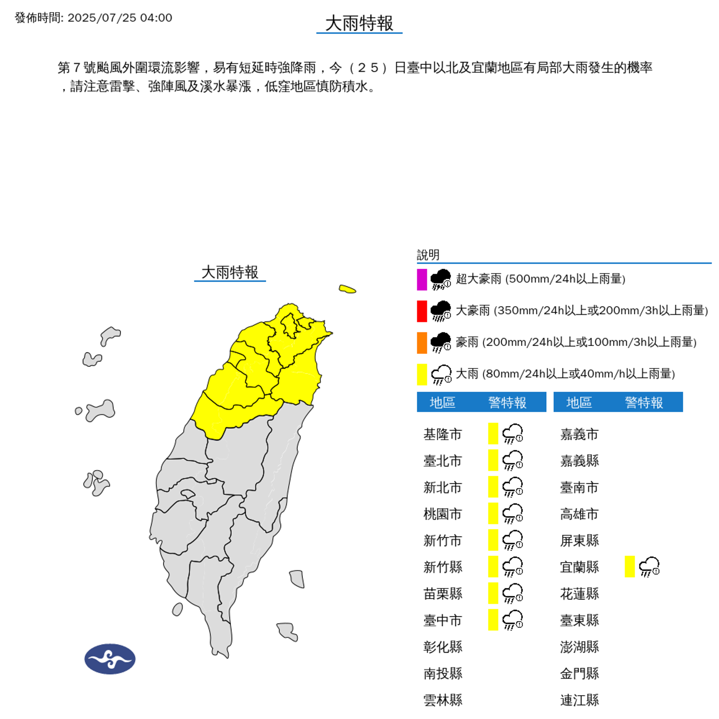 受到颱風外圍環流影響，氣象署今針對對台灣9縣市發布大雨特報。（中央氣象署提供）