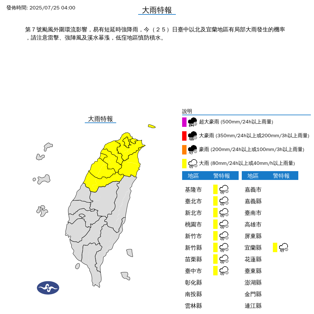 受到颱風外圍環流影響，氣象署今針對對台灣9縣市發布大雨特報。（中央氣象署提供）