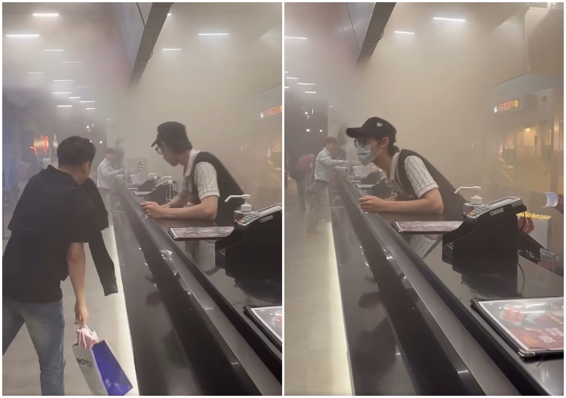 南港LaLaport威秀影城昨天下午,發生爆米花機短路狂冒濃煙的狀況。(翻攝自消防神主牌臉書粉專)