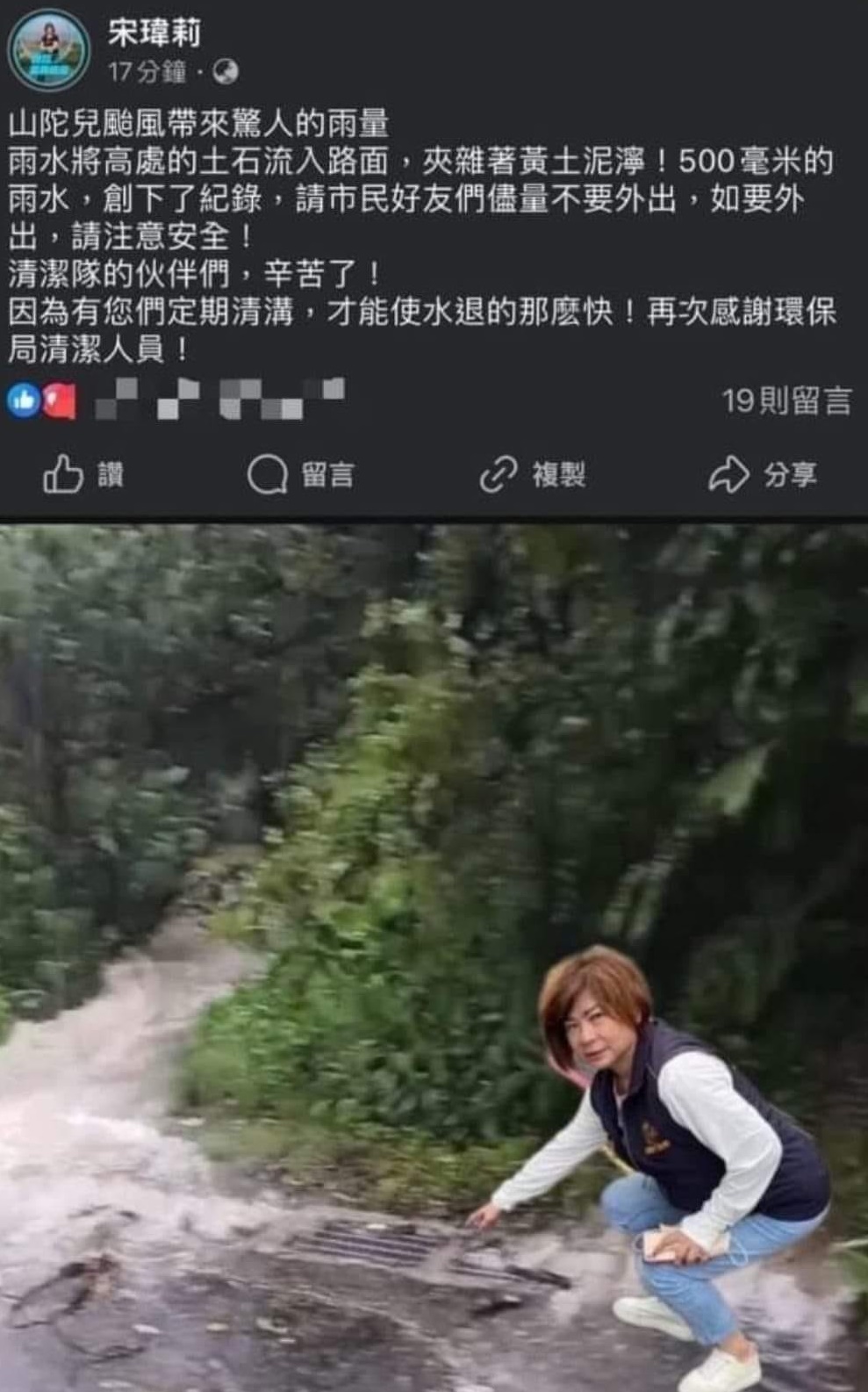 基隆市議員宋瑋莉提醒市民颱風天注意安全，卻因貼文附圖是P圖而成，遭到網友嘲諷。（翻攝自宋瑋莉臉書）